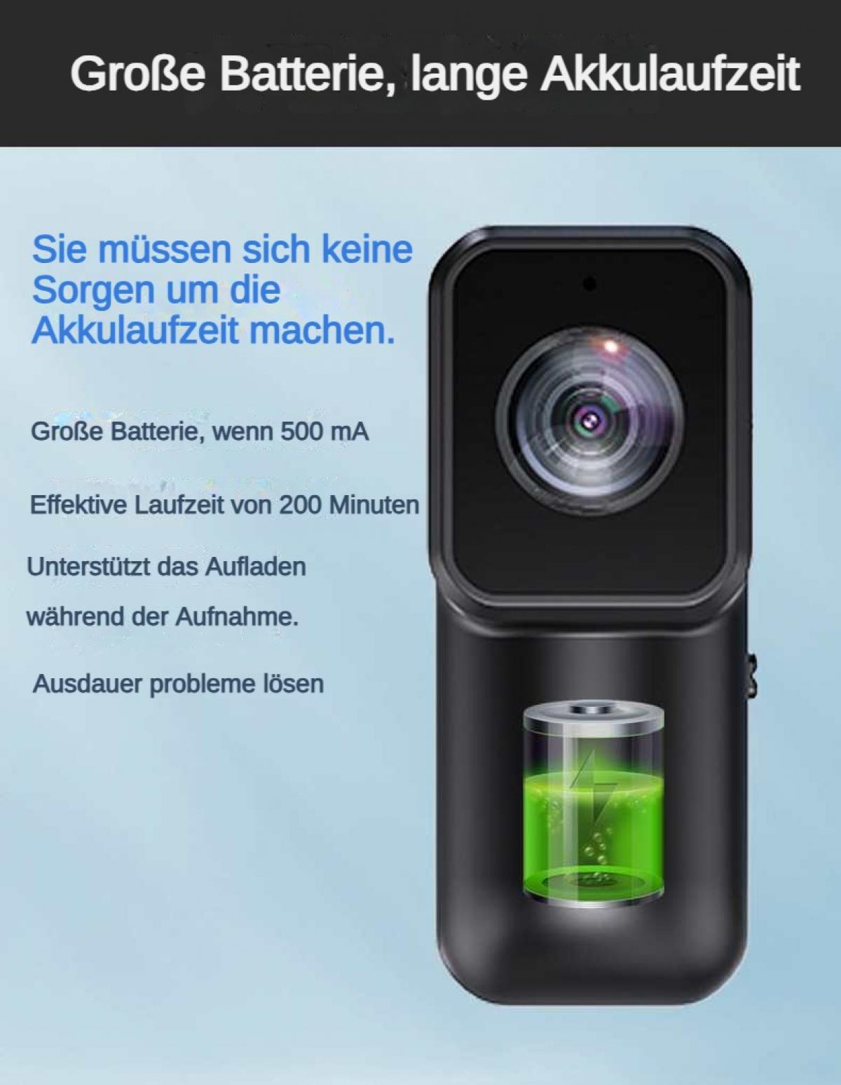 Schwarze Kamera mit Linse und Ladeanzeige. Großer Akku, lange Laufzeit.