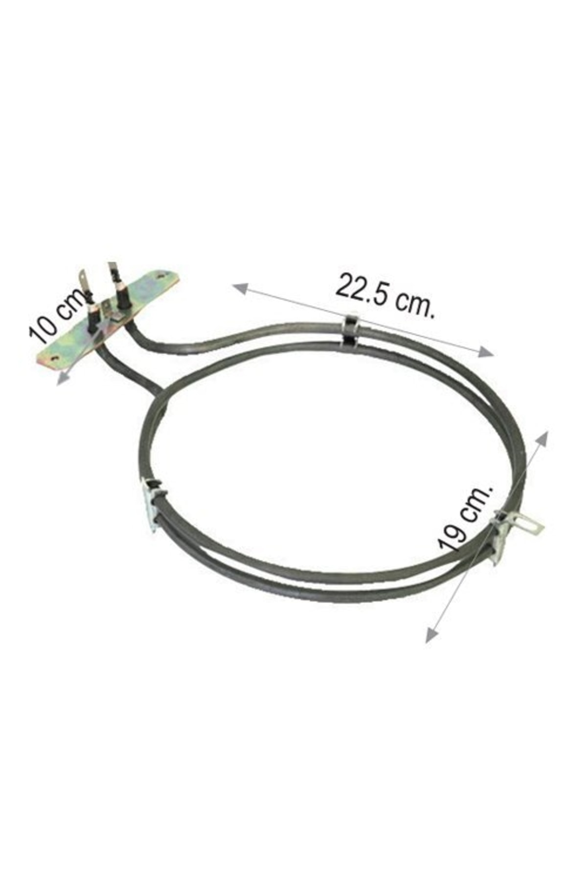 10 cm, 22,5 cm ve 19 cm boyutlarında gri bir ısıtma elemanı.