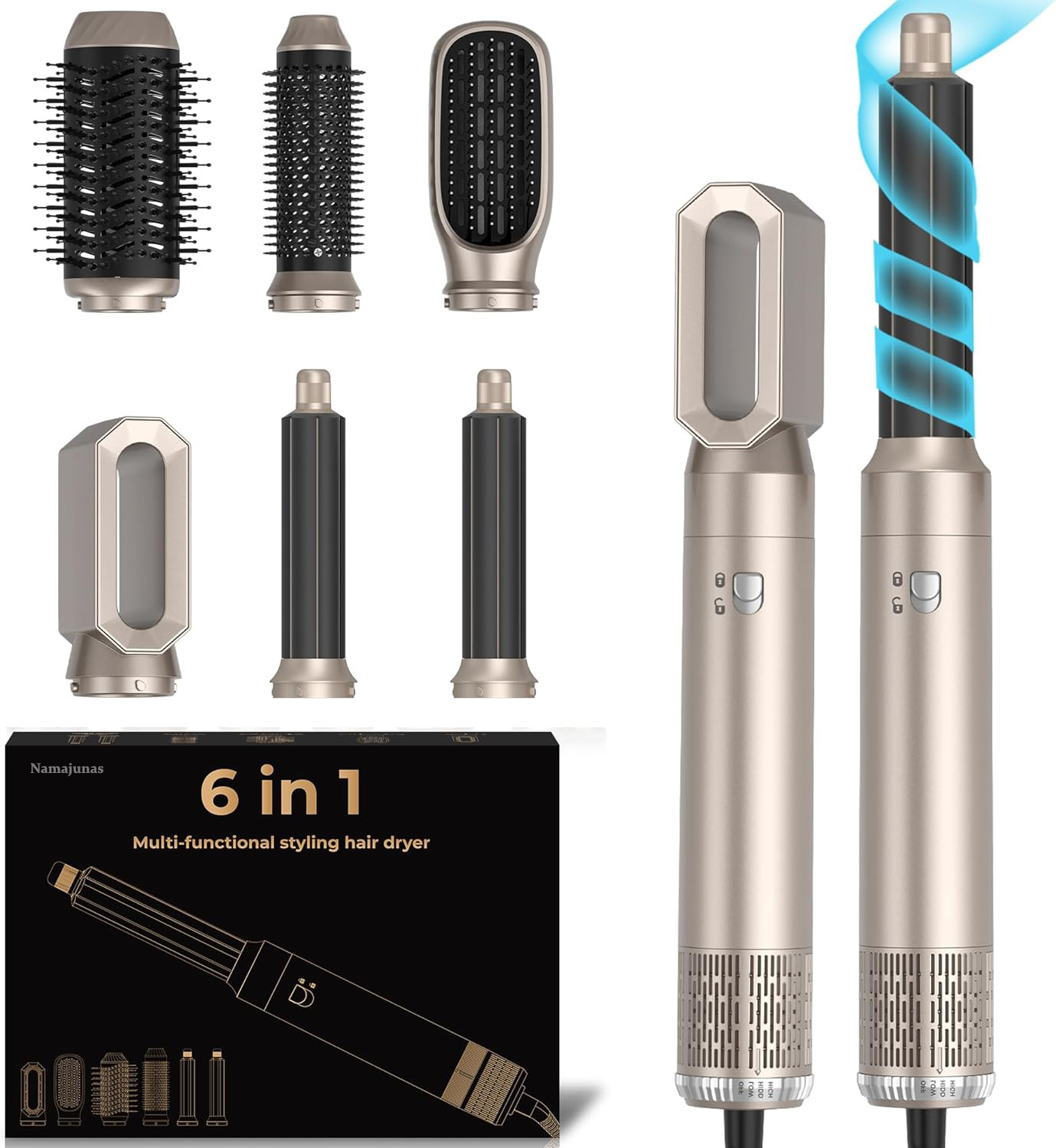 Ein 6-in-1 Styling-Haartrockner-Set mit Zubehör und Verpackung.