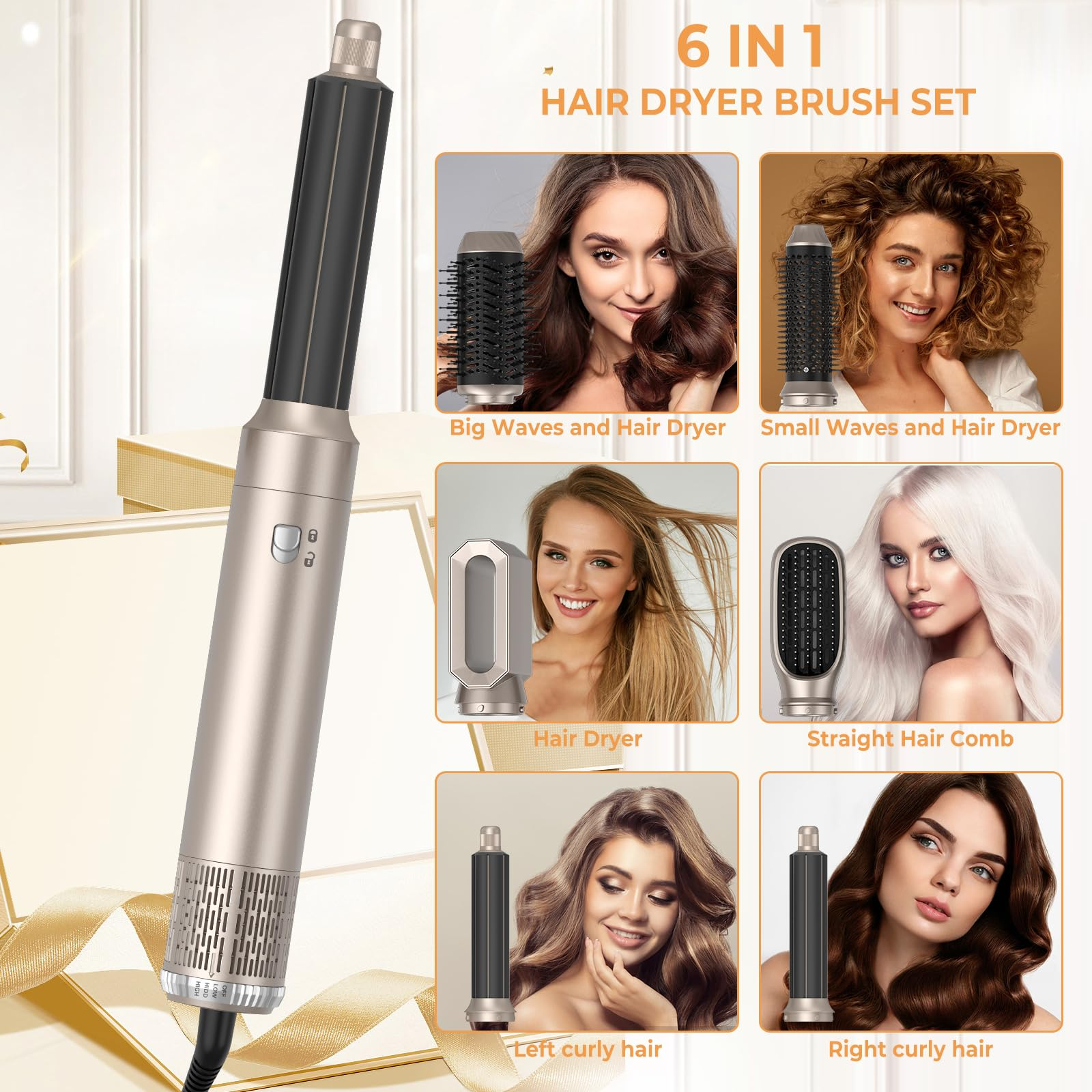 6-in-1 Haartrockner-Bürsten-Set mit verschiedenen Aufsätzen für Styling.