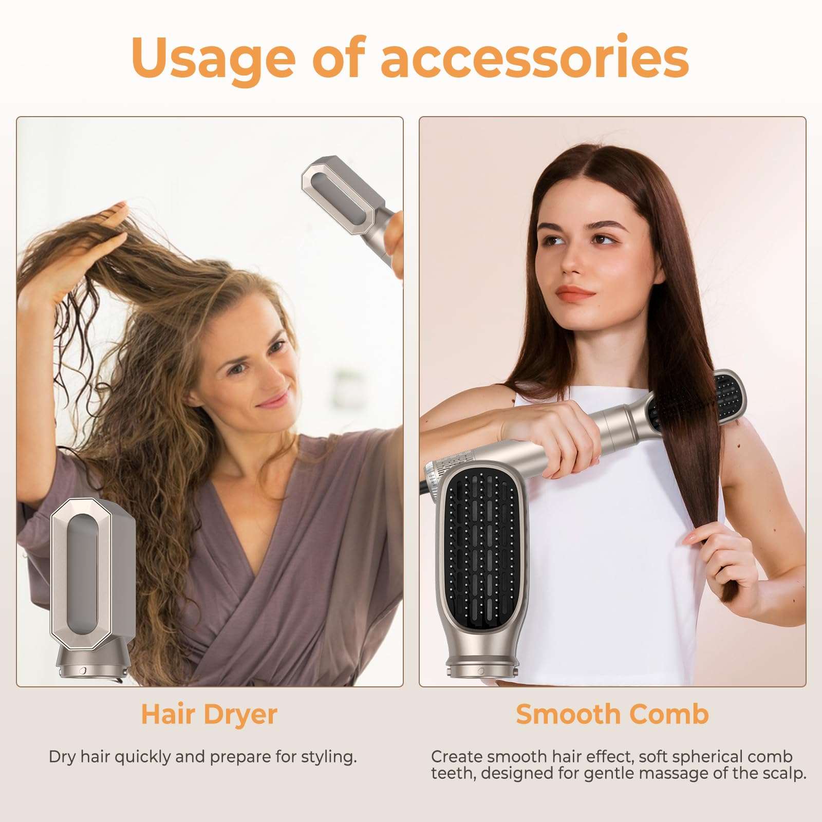 Zwei Frauen stylen ihr Haar mit einem Haartrockner und einem Glättungskamm.