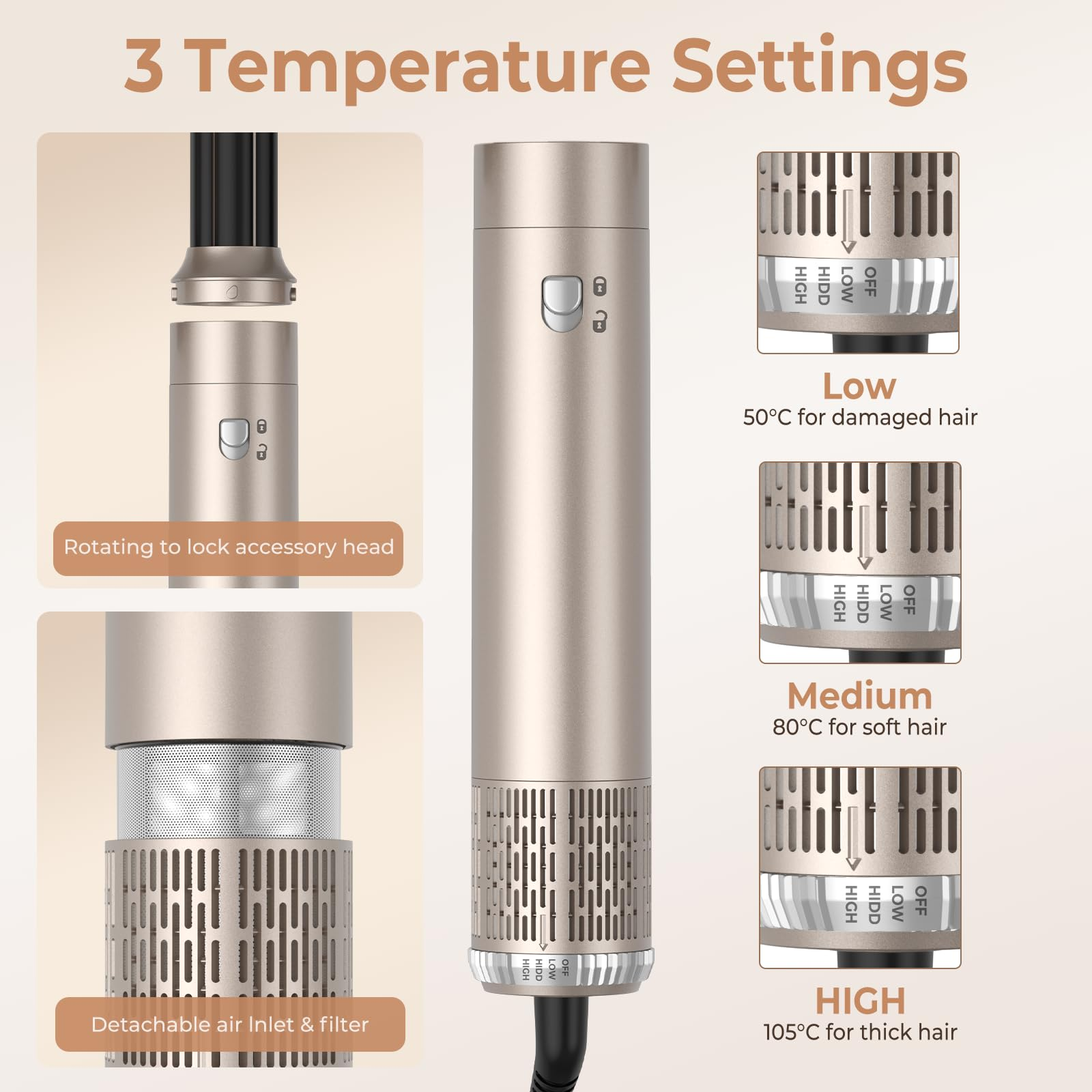 Haartrockner mit 3 Temperatureinstellungen: Niedrig, Mittel und Hoch.