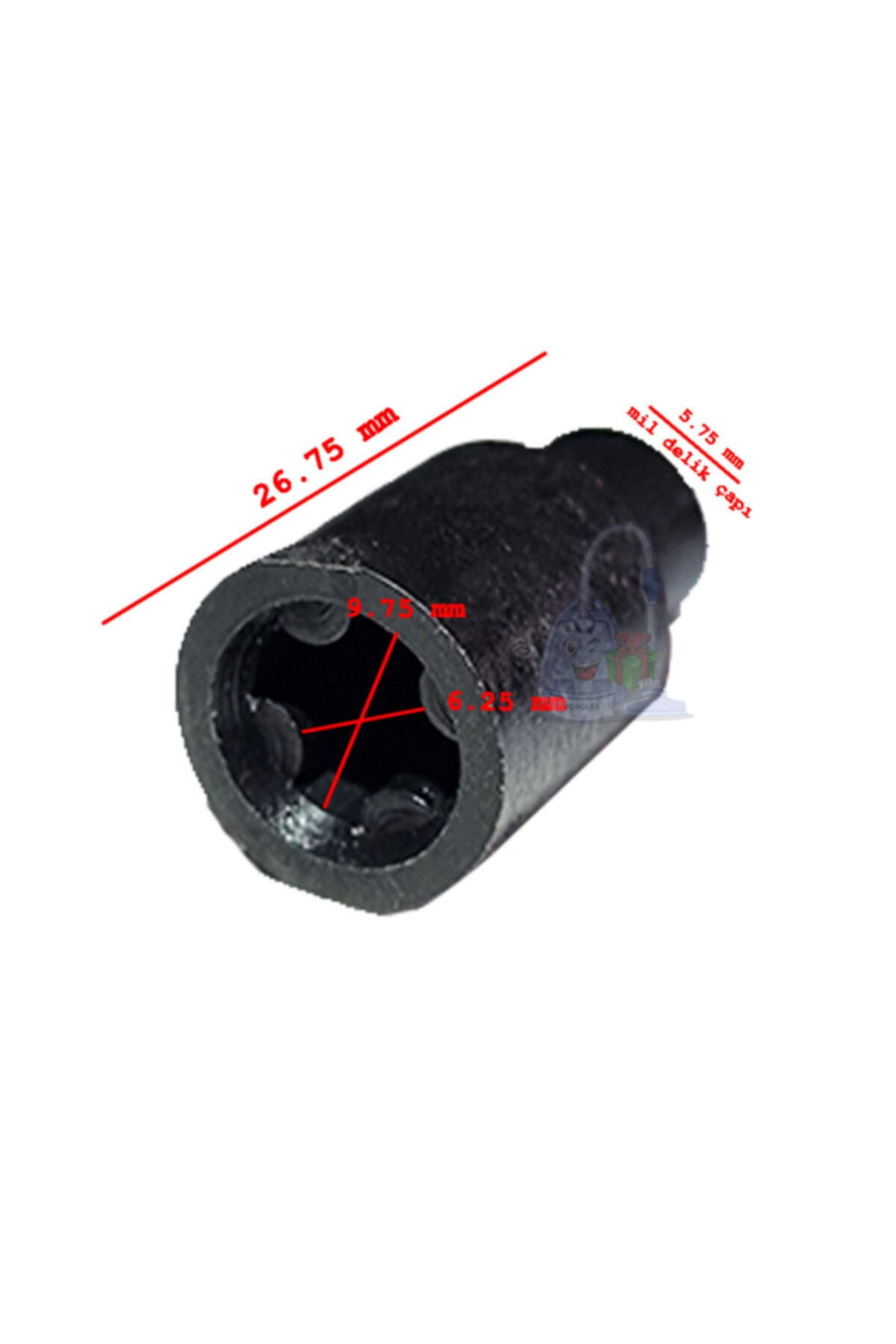26,75 mm ve 5,75 mm ölçülerinde siyah nesne. Dört iç boşluk.