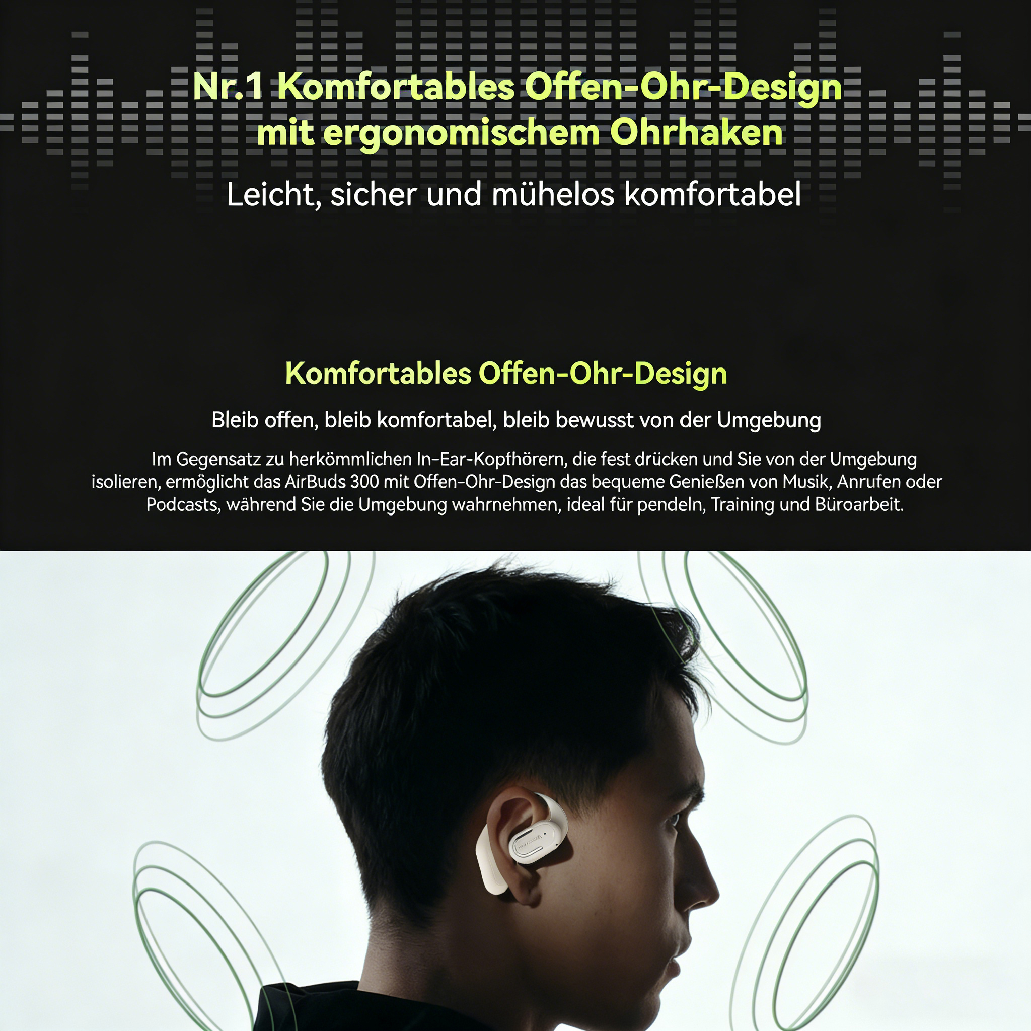 Ein Mann trägt einen weißen Earbud mit ergonomischem Haken. Grüne Wellenlinien im Hintergrund.