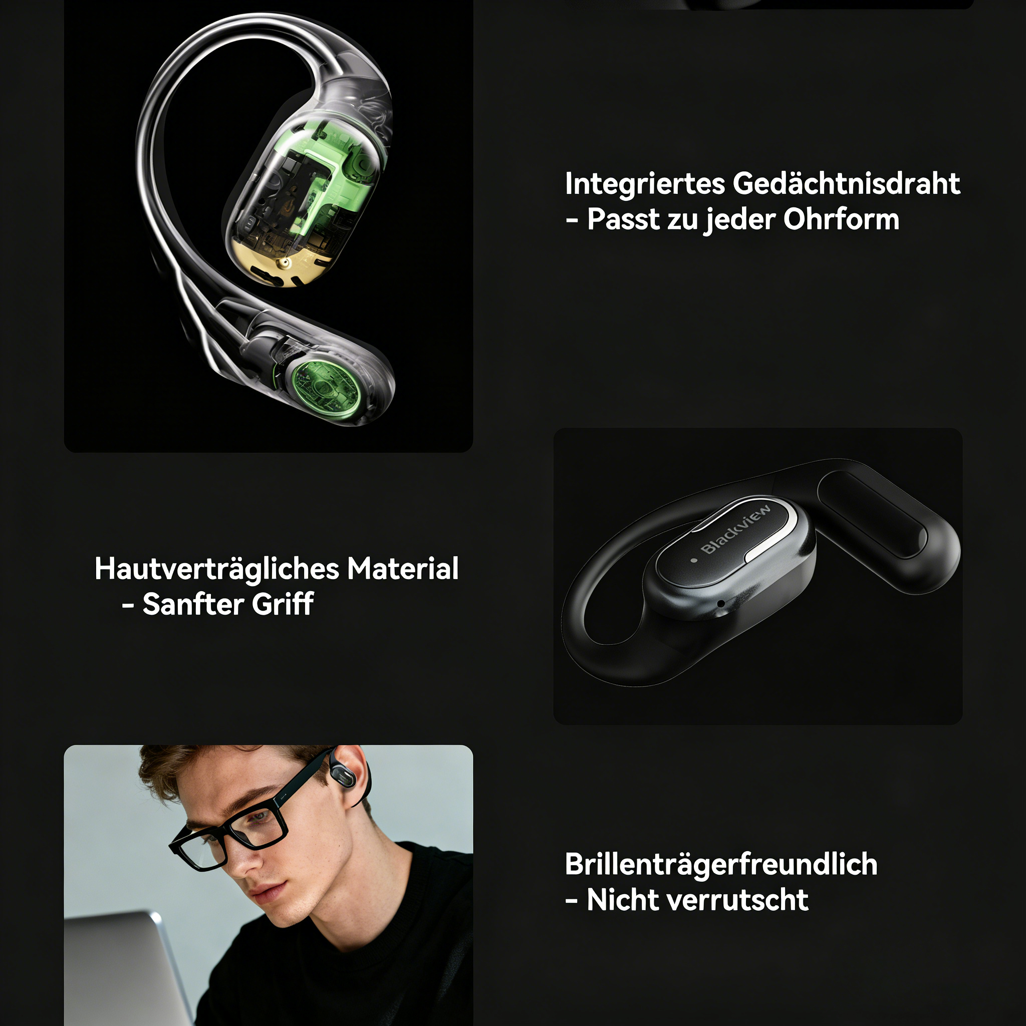 Transparente Ohrhörer mit sichtbaren grünen und gelben Komponenten.