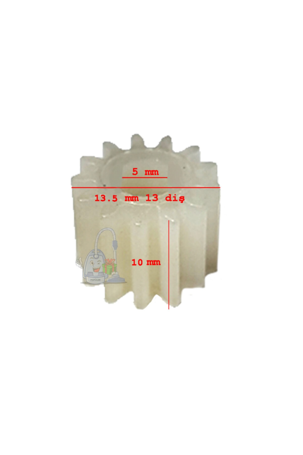 5 mm, 13,5 mm ve 10 mm boyutlarında beyaz bir dişli.