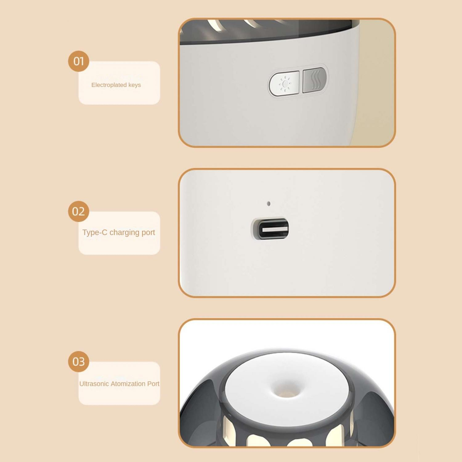 Weiße und graue Geräteteile: Tasten, USB-C-Anschluss und Vernebler.