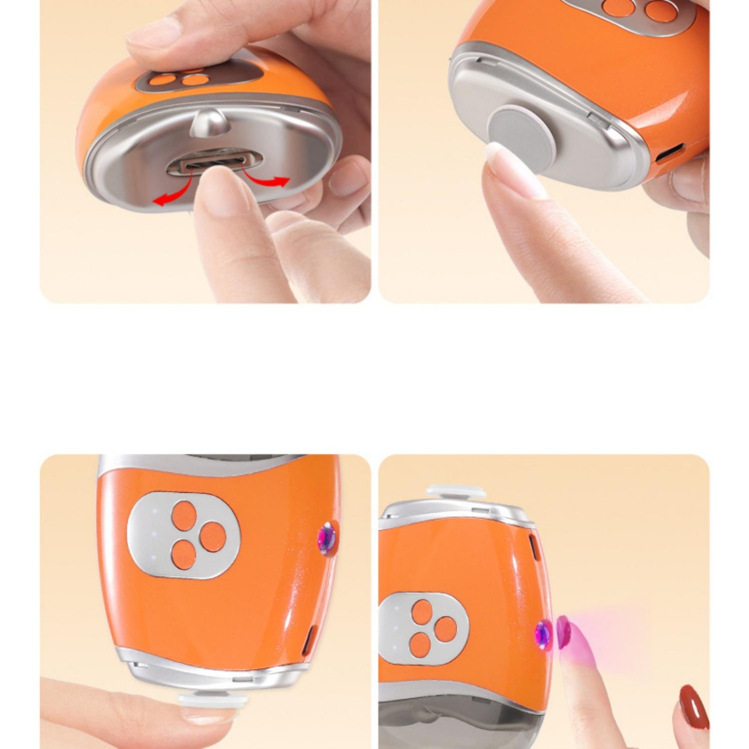 Orange Nagelfeile mit zwei Händen, die eine USB-Buchse und einen Knopf zeigen.