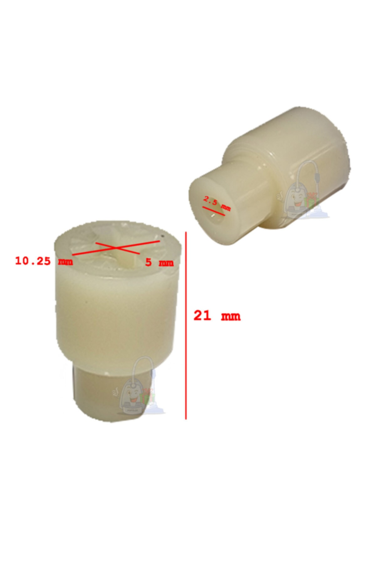 Boyutları olan iki beyaz plastik parça. Biri 21 mm uzunluğunda, diğeri 10,25 mm genişliğindedir.