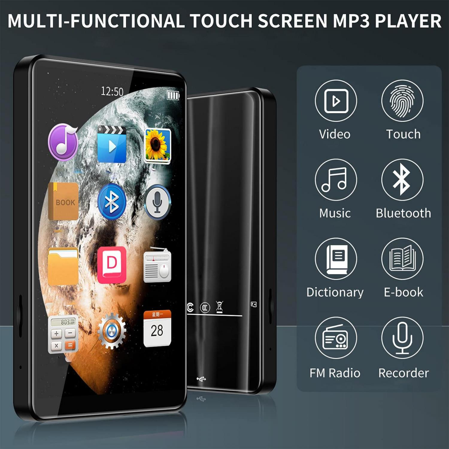 Schwarzer MP3-Player mit Touchscreen, der Symbole für Video, Musik, Buch, UKW-Radio anzeigt.