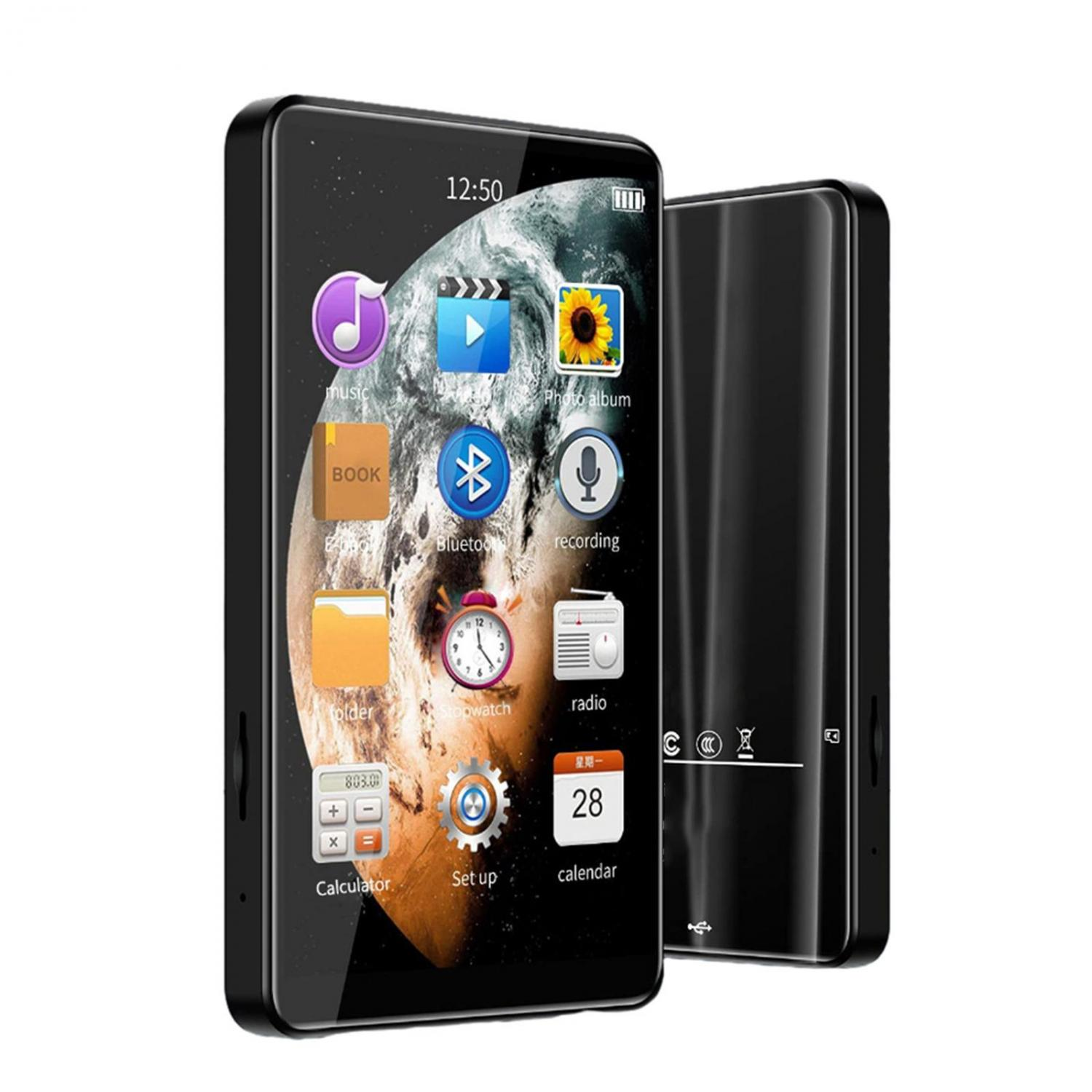Ein schwarzes MP3-Gerät mit einem Touchscreen, der App-Symbole anzeigt.