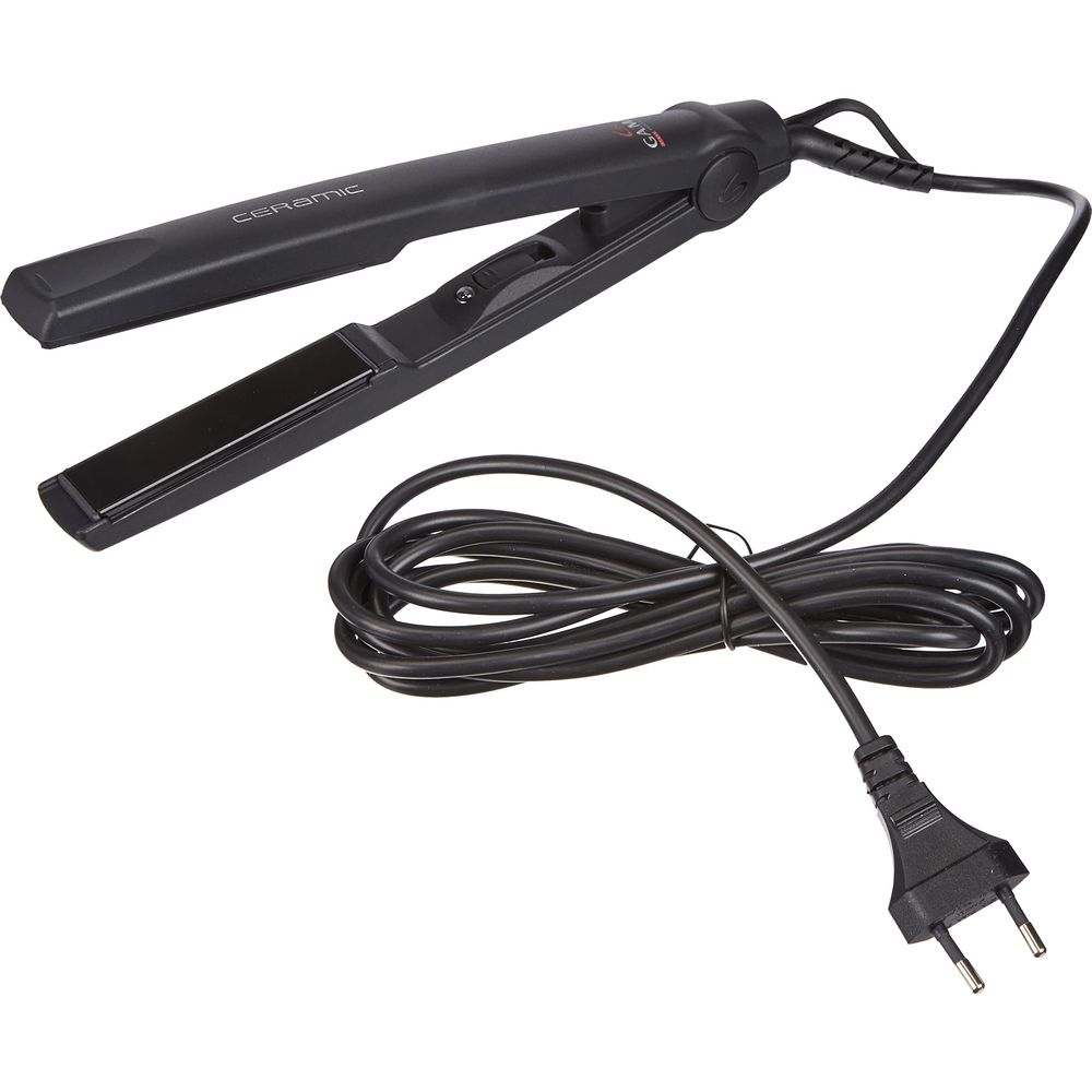 Ein schwarzer Haarglätter mit Kabel und Stecker auf weißem Hintergrund.