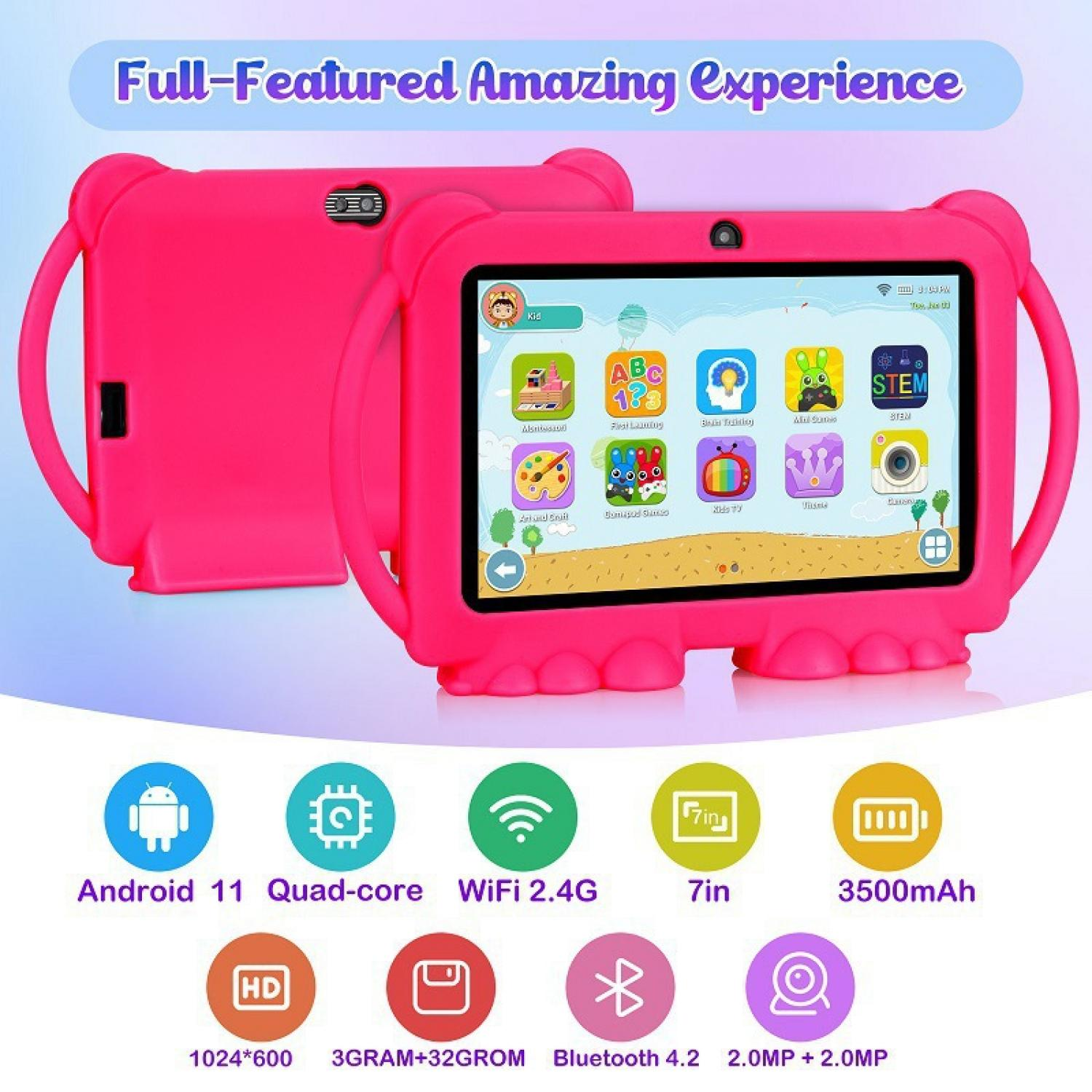 Ein rosafarbenes Kinder-Tablet mit Griffen und vielen App-Symbolen auf dem Bildschirm.