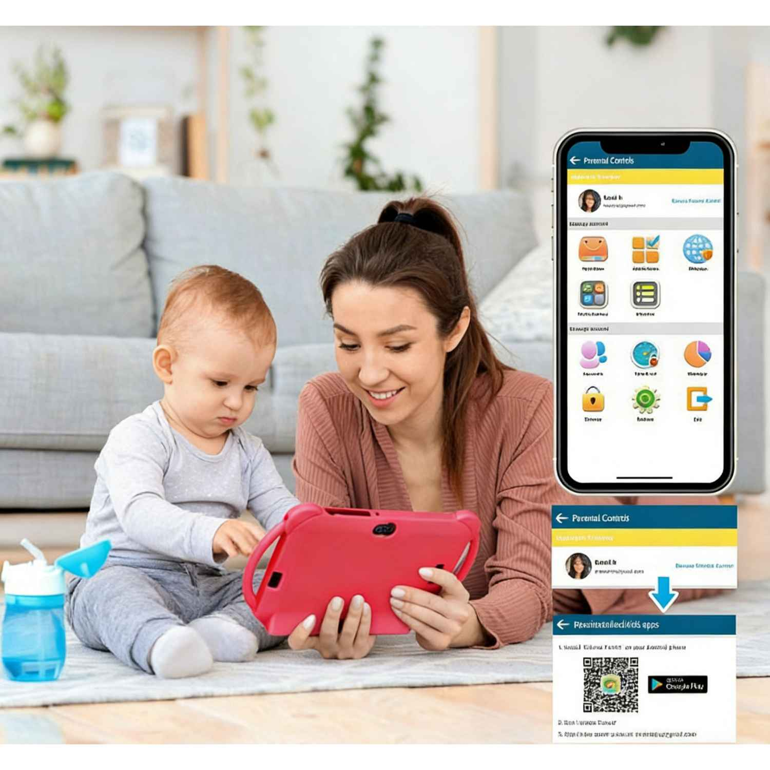 Mutter mit Baby spielt mit Tablet. Handy zeigt Kindersicherung.