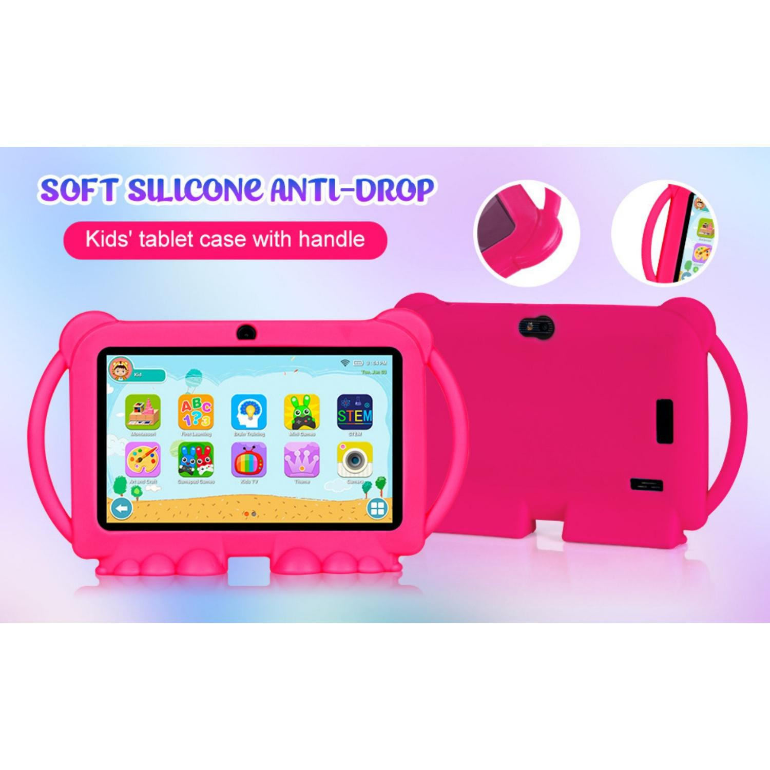 Ein rosa Tablet-Case aus Silikon mit Griff und kindgerechten Apps auf dem Bildschirm.