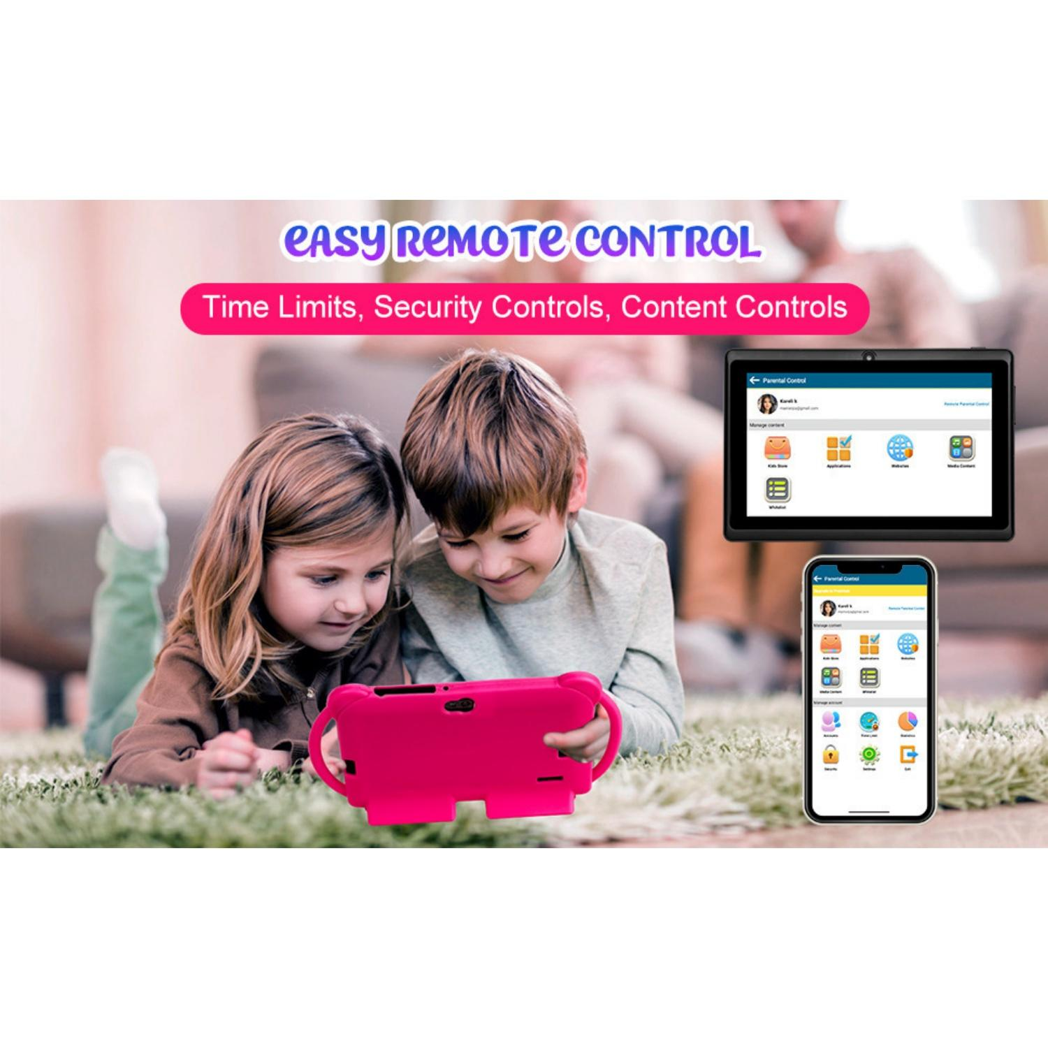 Kinder schauen auf einen Tablet-Bildschirm mit Elternkontroll-App. Ein Handy zeigt ebenfalls die App.