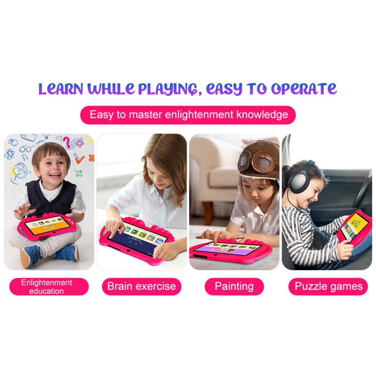 Vier Kinder spielen mit Tablets: Aufklärung, Gehirntraining, Malen, Puzzles.