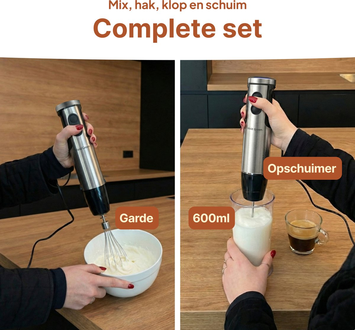 Handmixer met garde in kom en opschuimer in glas.