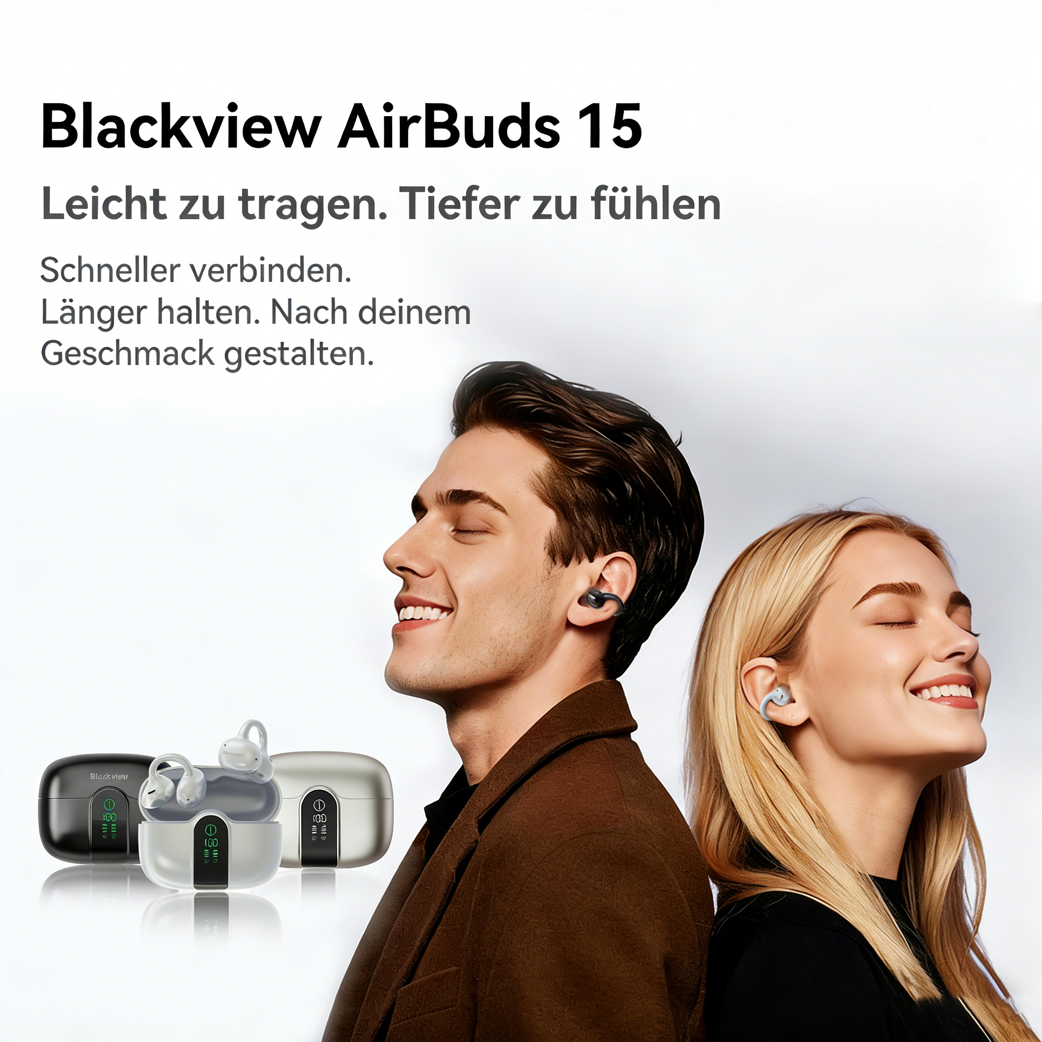 Mann und Frau mit Blackview AirBuds. Links: schwarzes, weißes Ladecase. Rechts: weißes Ladecase.