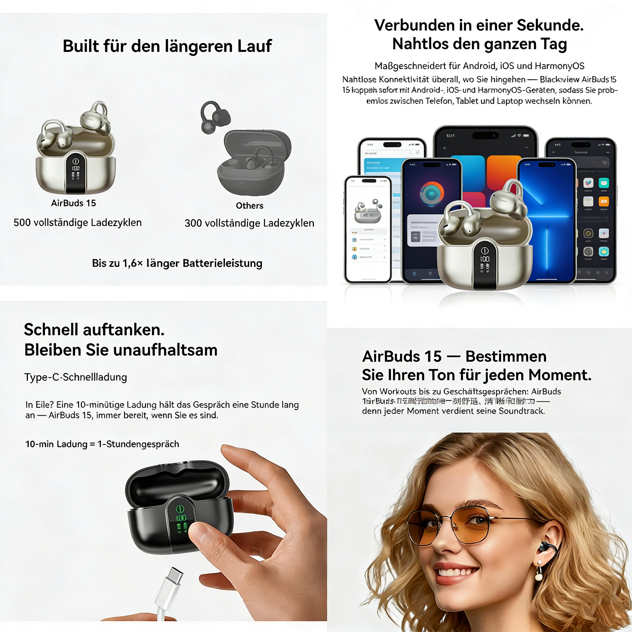 Goldene AirBuds 15 im Ladecase, daneben schwarze Kopfhörer. Smartphones zeigen die Verbindung.