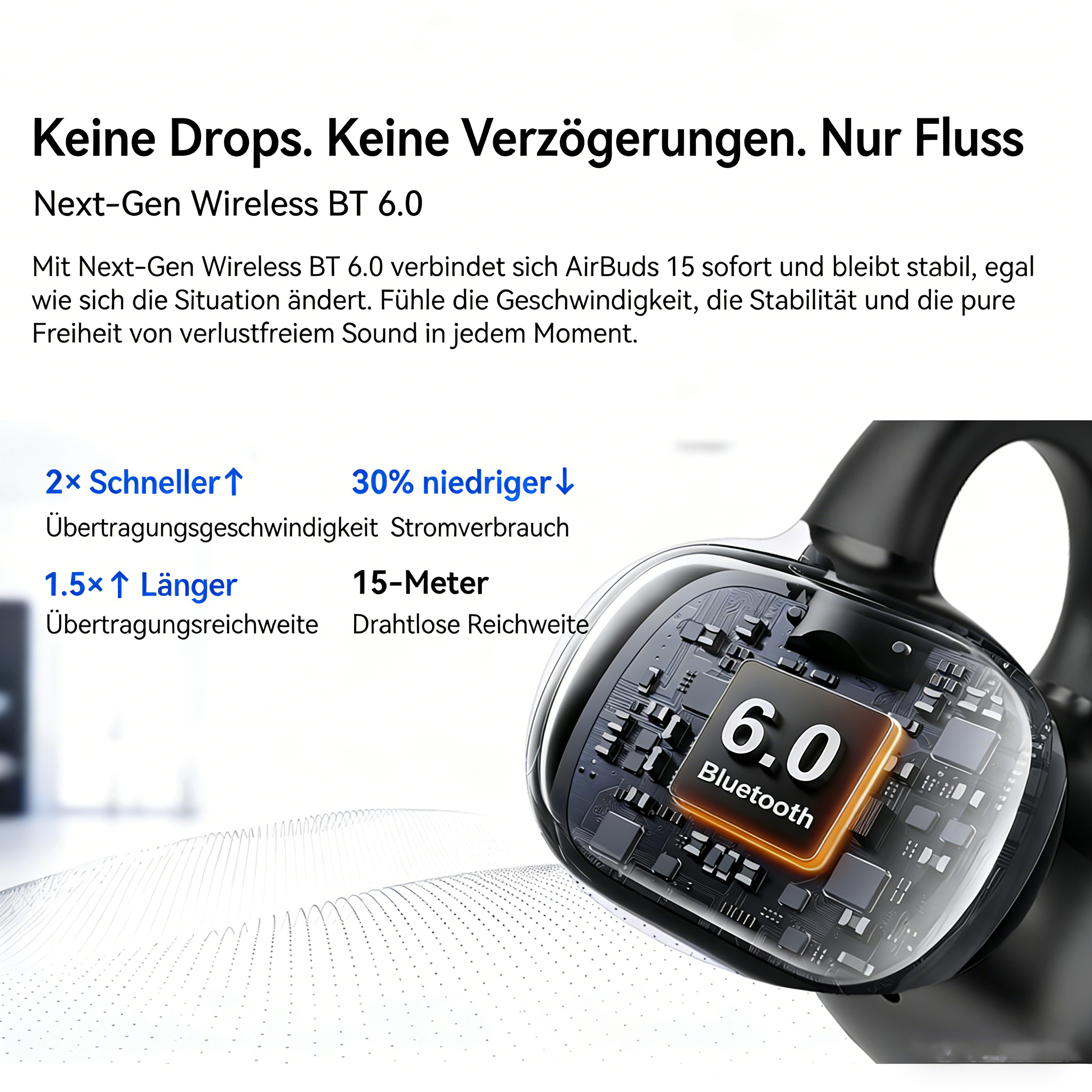 Nahaufnahme von Kopfhörern mit "Bluetooth 6.0" auf dem Chip.