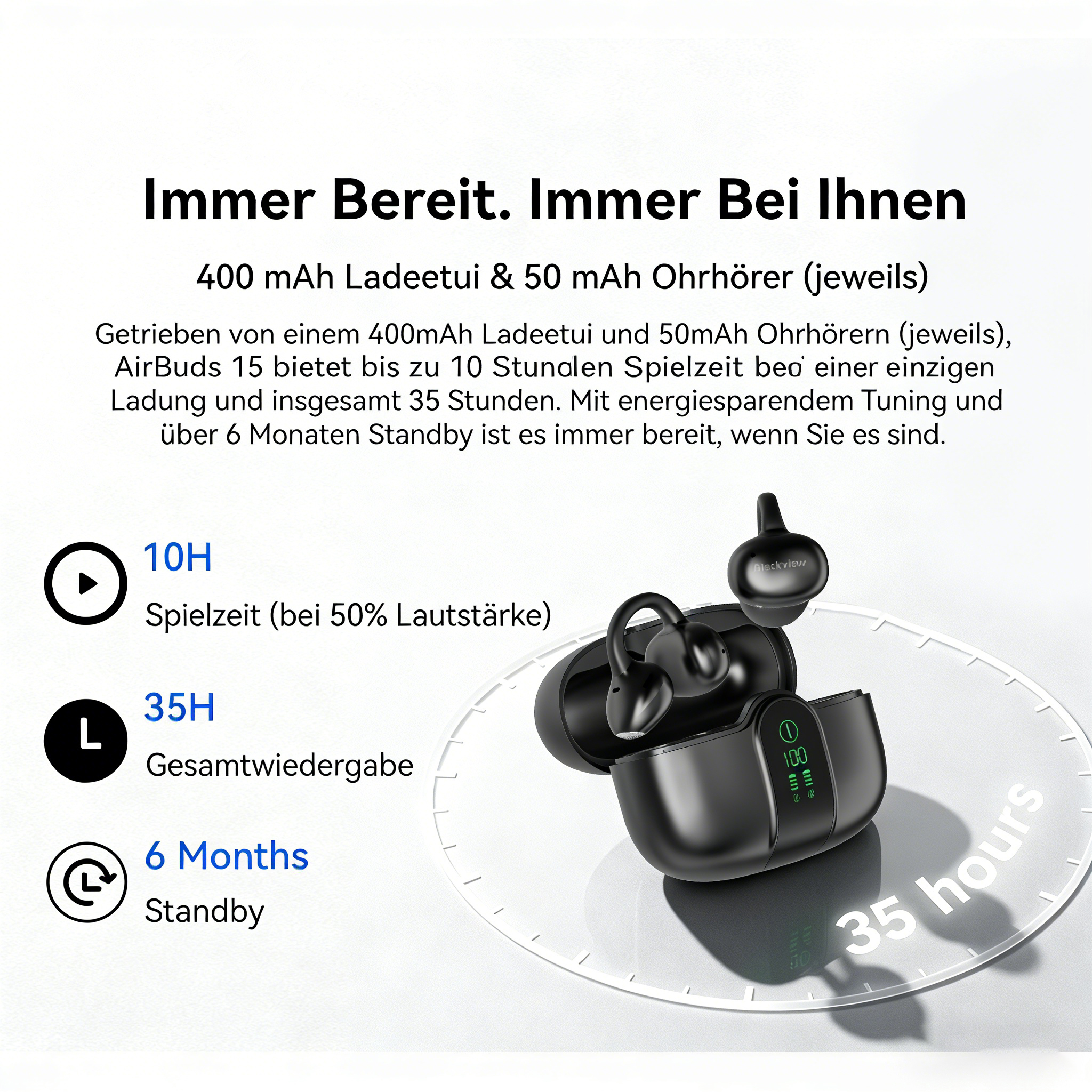 Schwarze kabellose Ohrhörer im Ladeetui, mit 10 Std. Wiedergabe, 35 Std. Gesamt und 6 Mon. Standby.