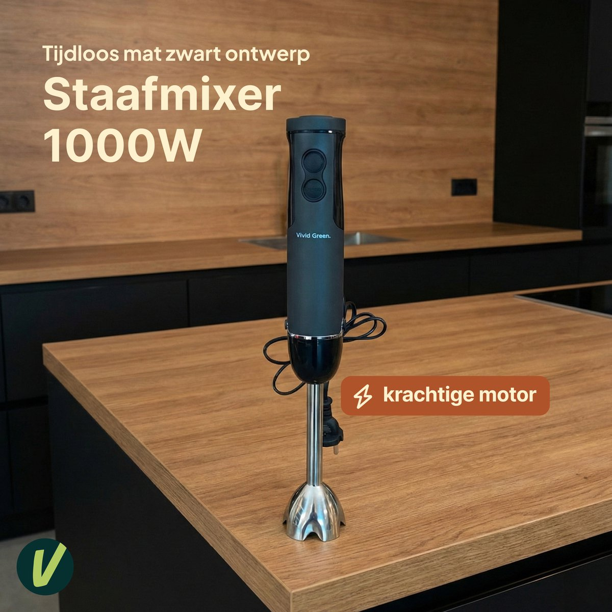 Black immersion blender with silver base on a wooden counter in a modern kitchen.
