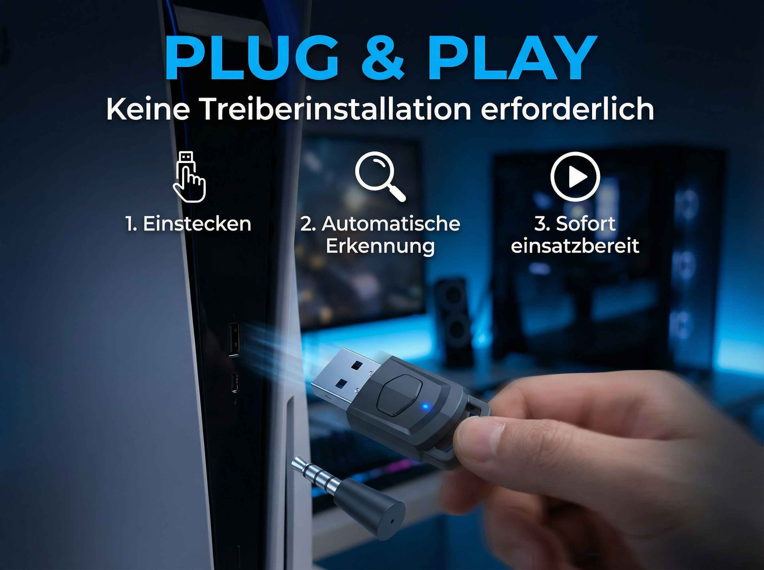 Ein USB-Adapter wird in eine Spielekonsole gesteckt.