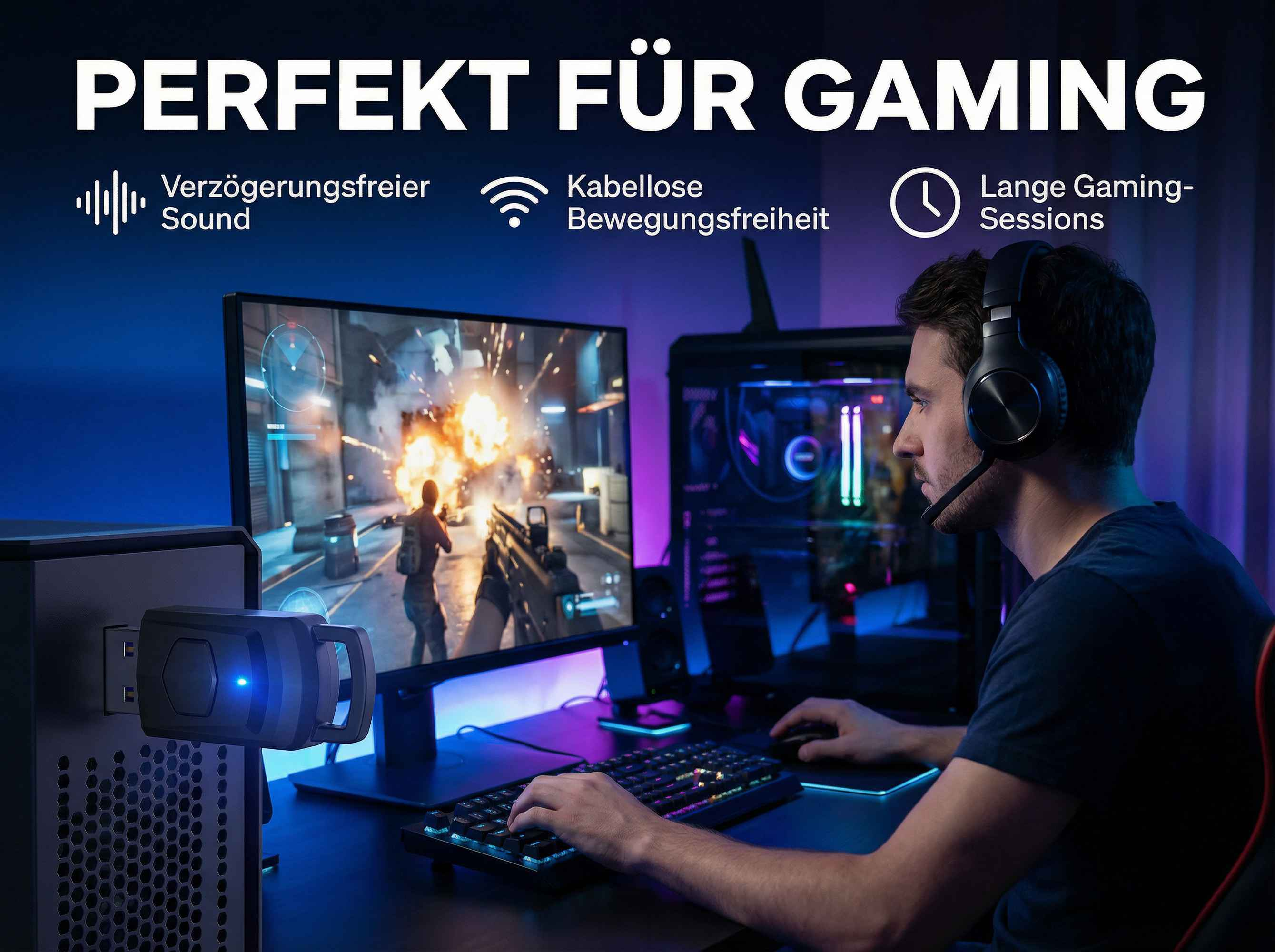 Mann mit Kopfhörer spielt Computerspiel, Computer und Monitor im Einsatz.