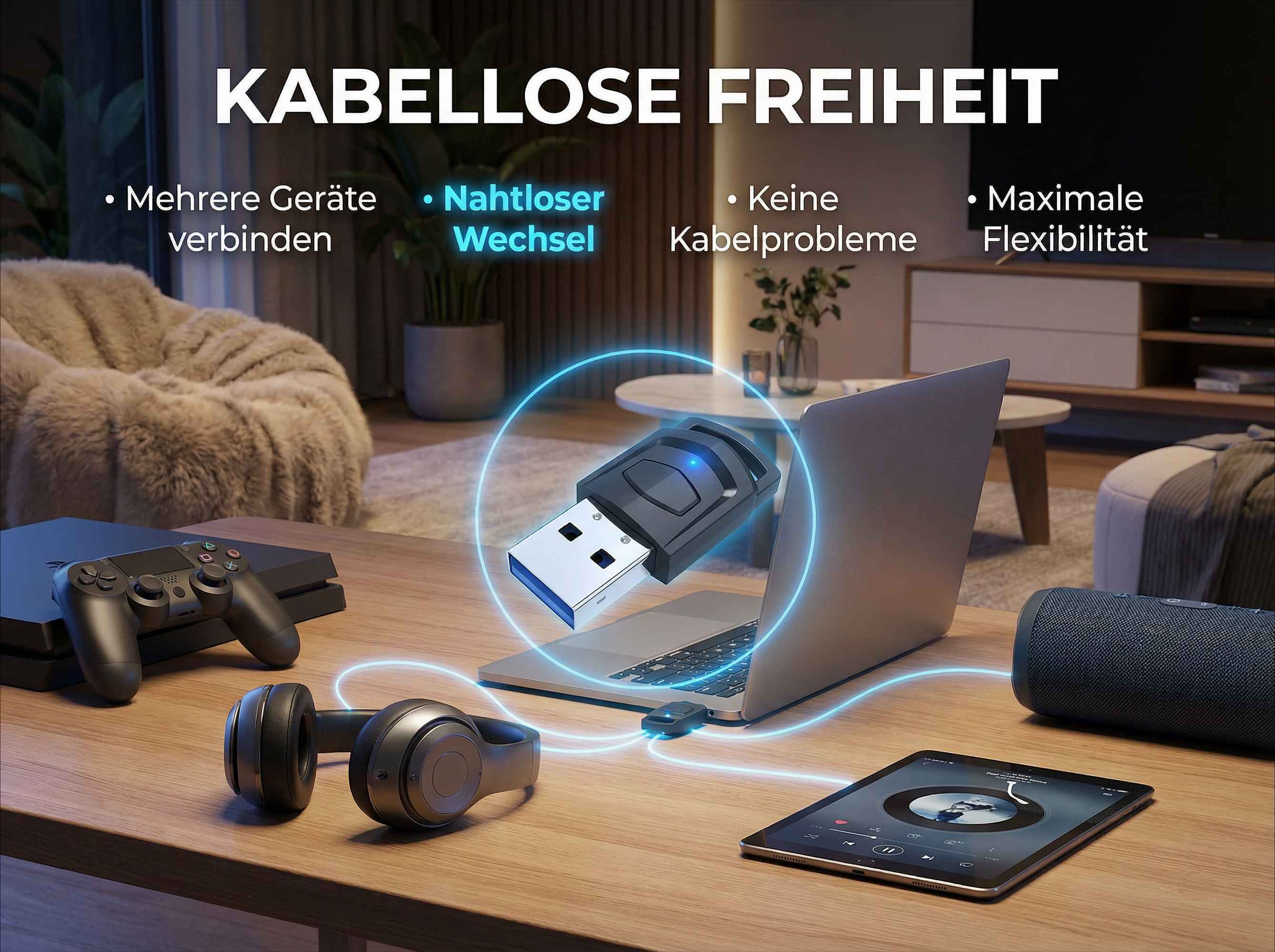 Ein USB-Adapter verbindet Laptop, Kopfhörer, Konsole und Tablet kabellos.