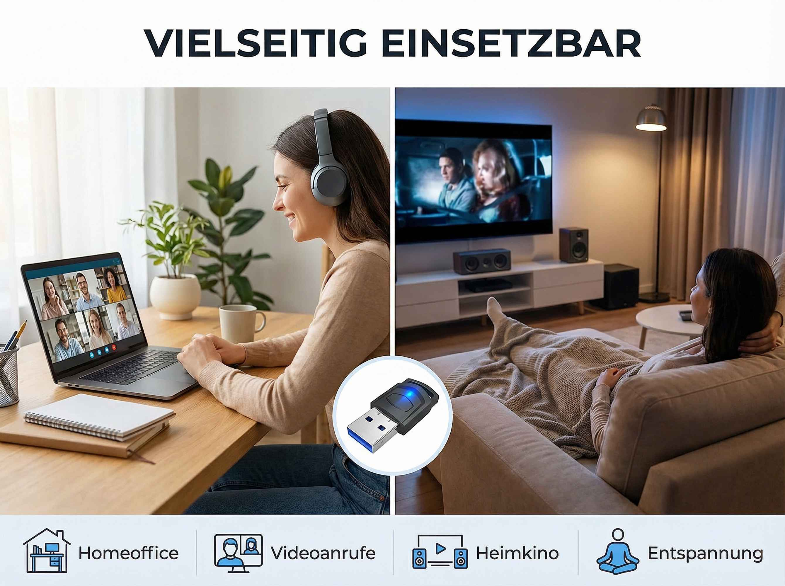 Frau im Homeoffice und Frau auf Couch vor Fernseher.