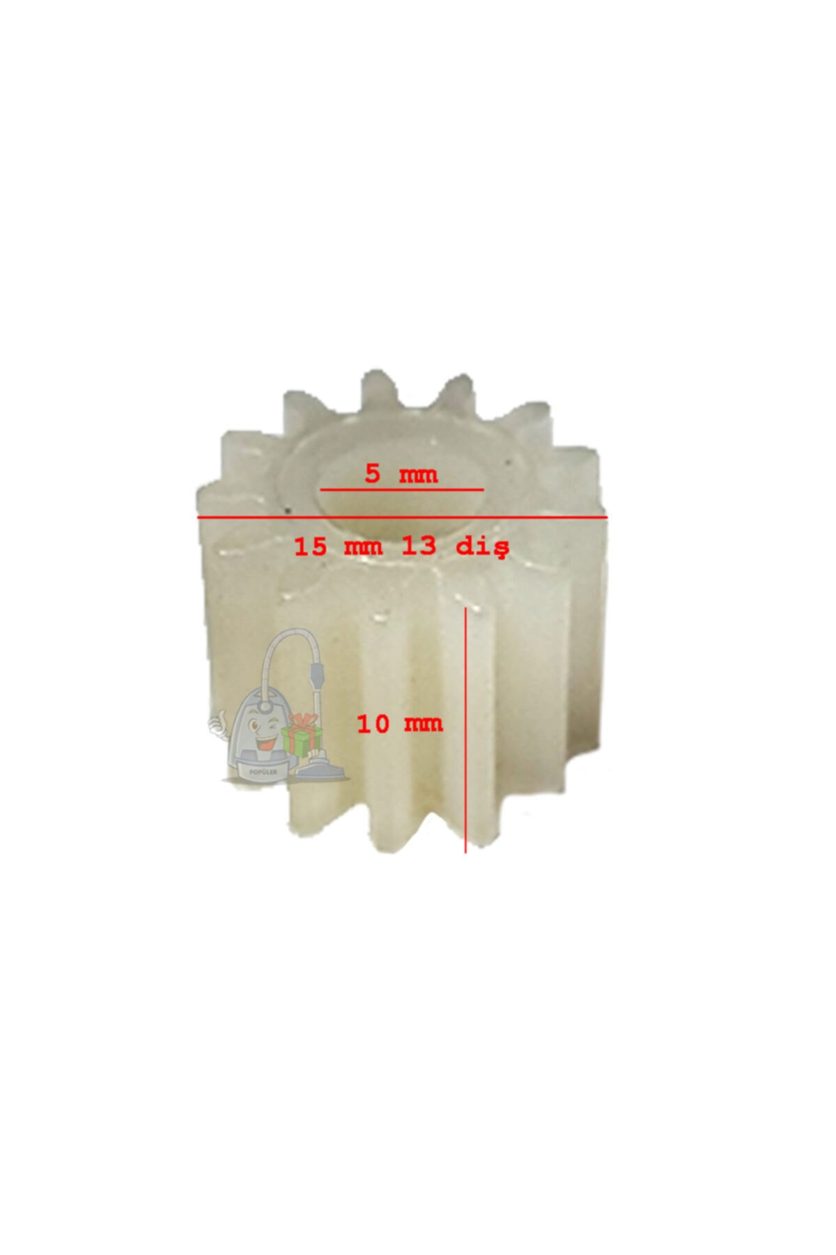 5 mm, 15 mm ve 10 mm boyutlarında beyaz bir dişli.