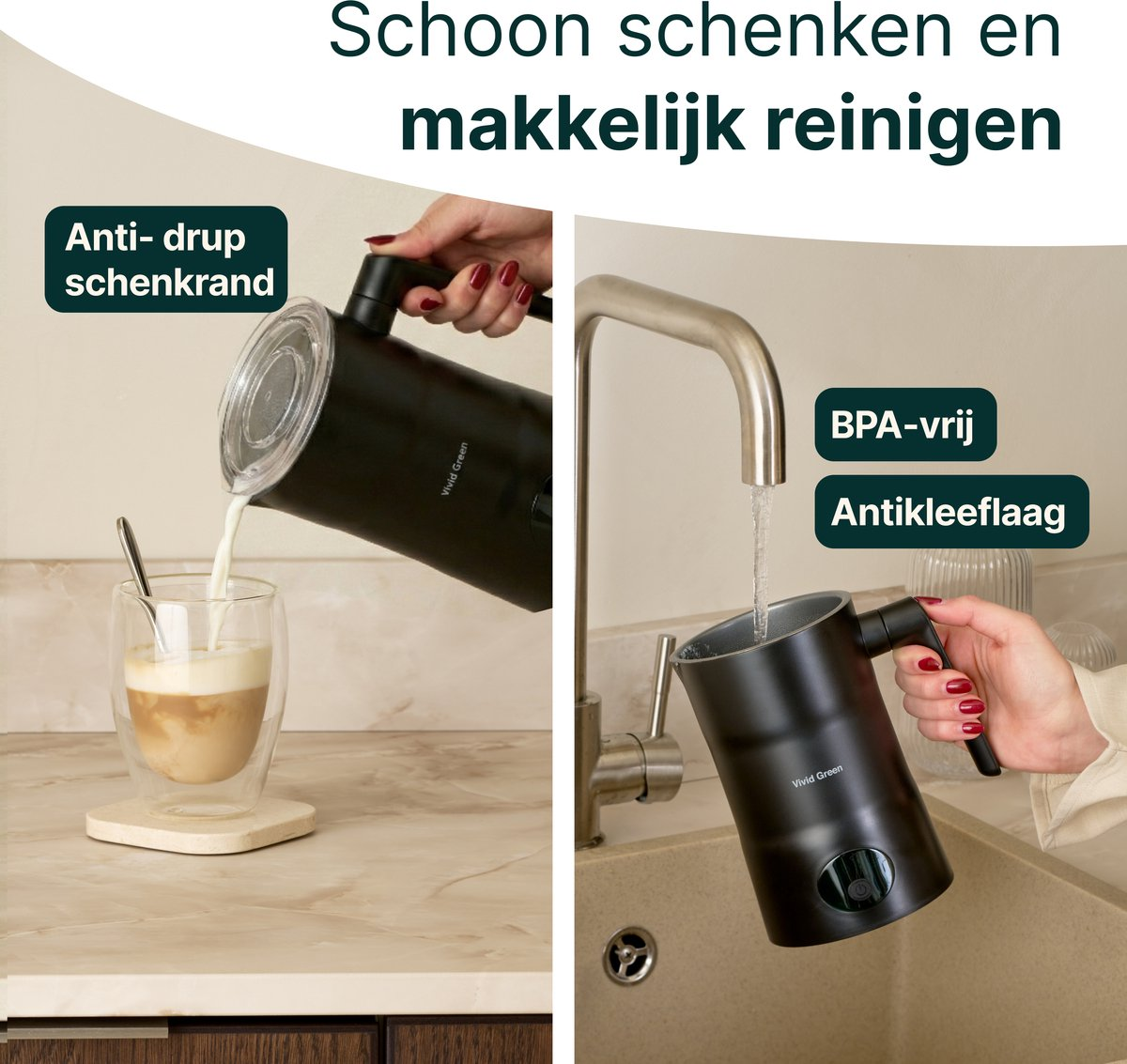 A black kettle is used to pour milk into a glass and to clean it under a tap.