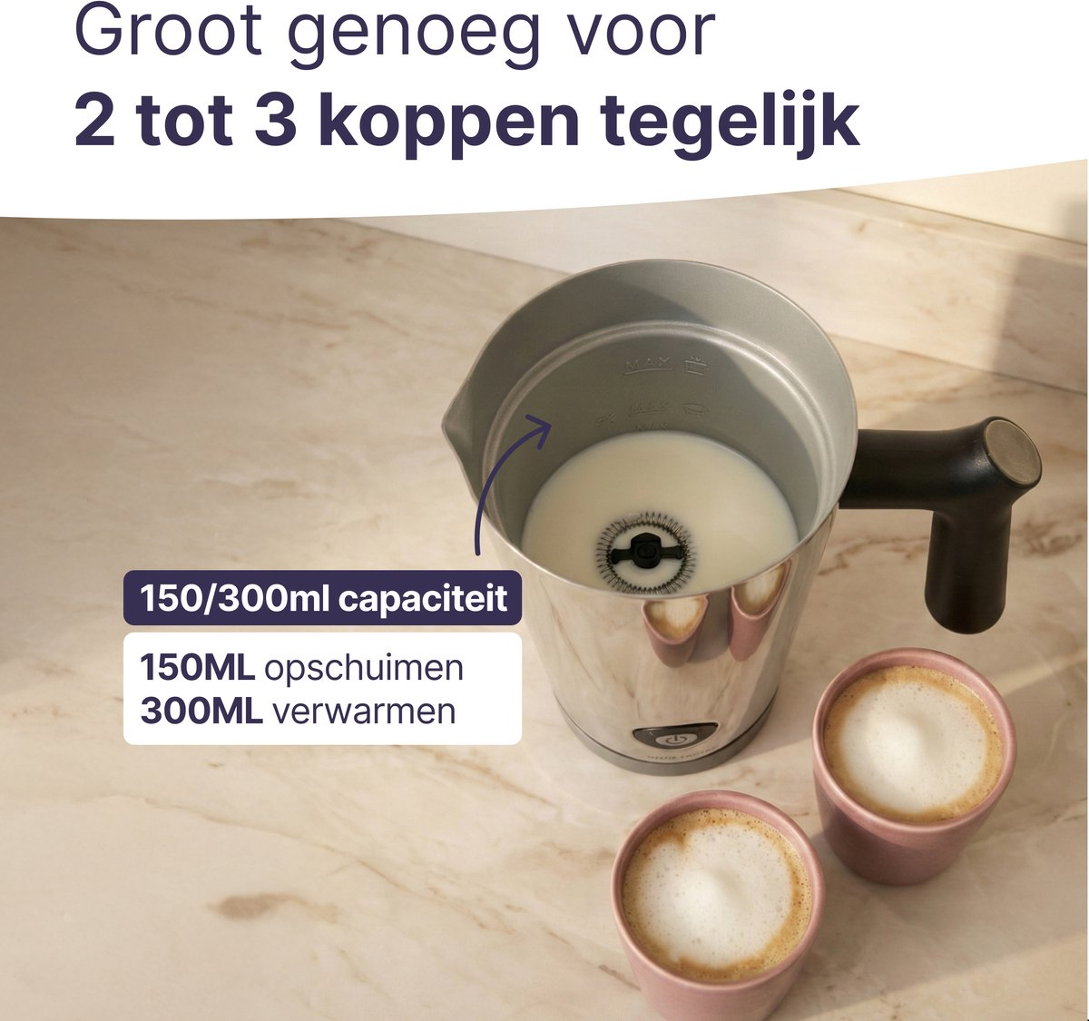 Milk frother with two cups of coffee. Text: 150/300ml capacity.