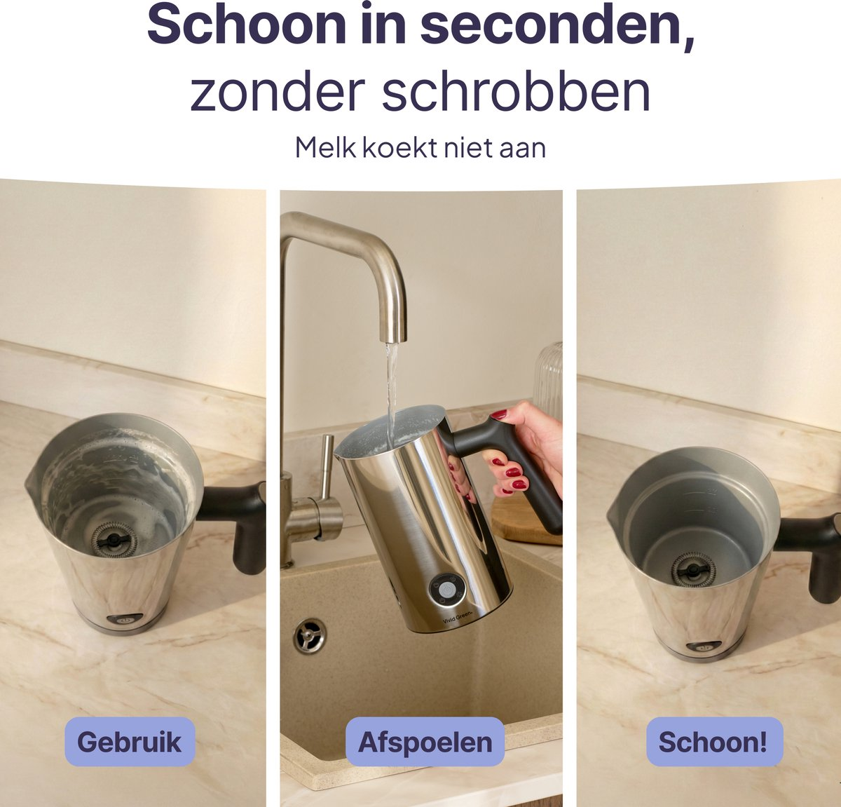 RVS melkopschuimer: vies, afspoelen, schoon.