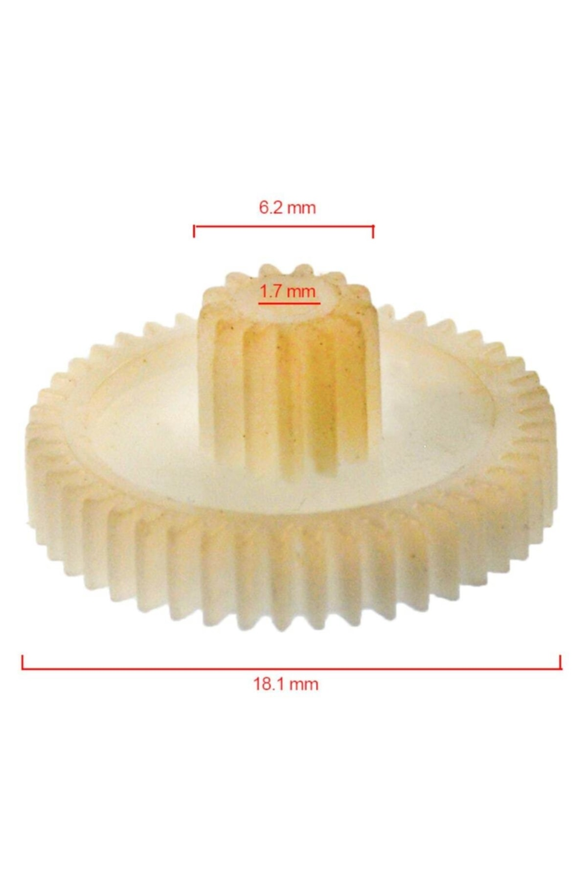 6,2 mm ve 1,8 mm boyutlarında beyaz dişli, beyaz arka plan üzerinde.