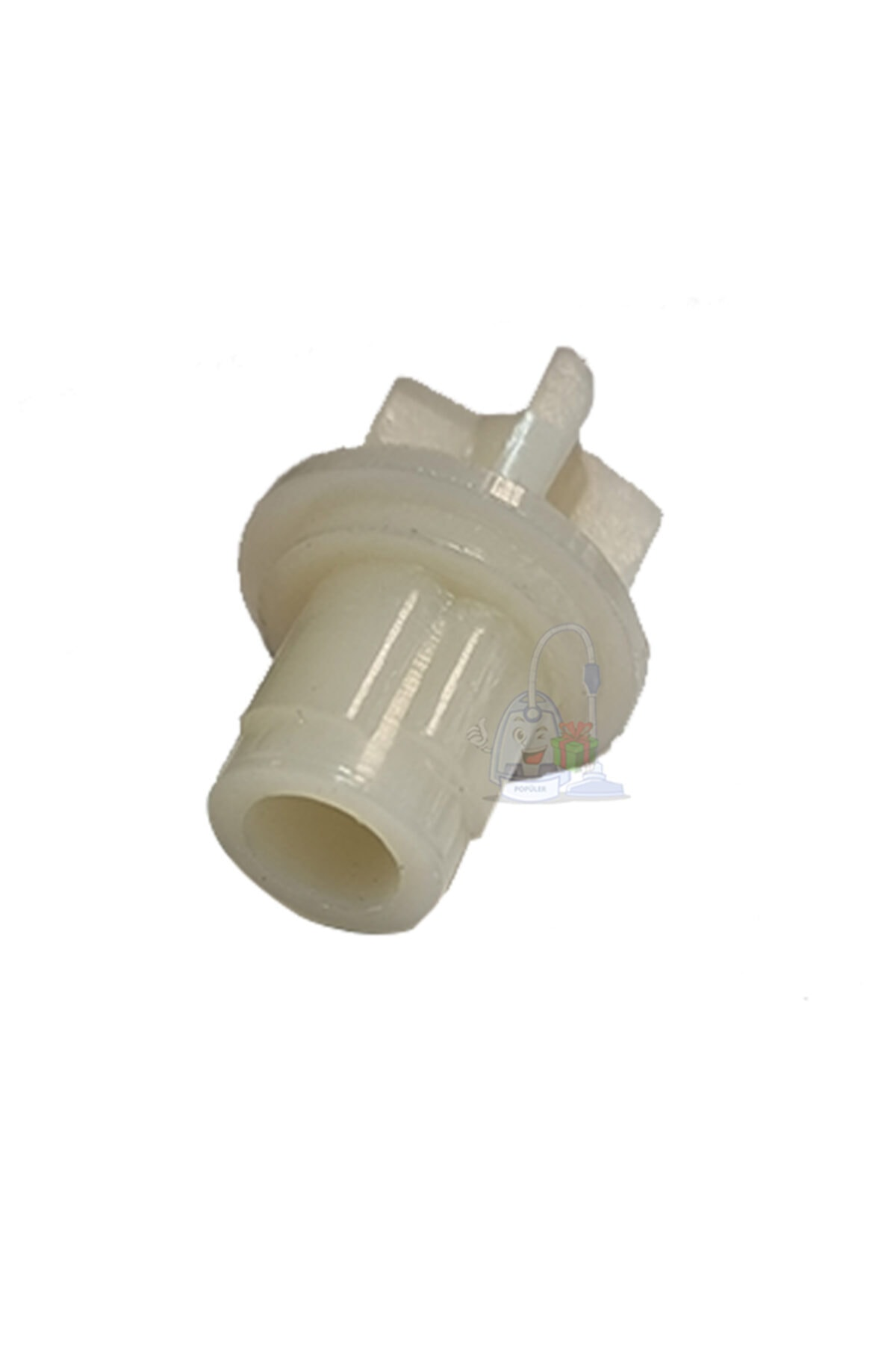 Hortum çıkışı ve daha geniş flanşı olan beyaz plastik adaptör.