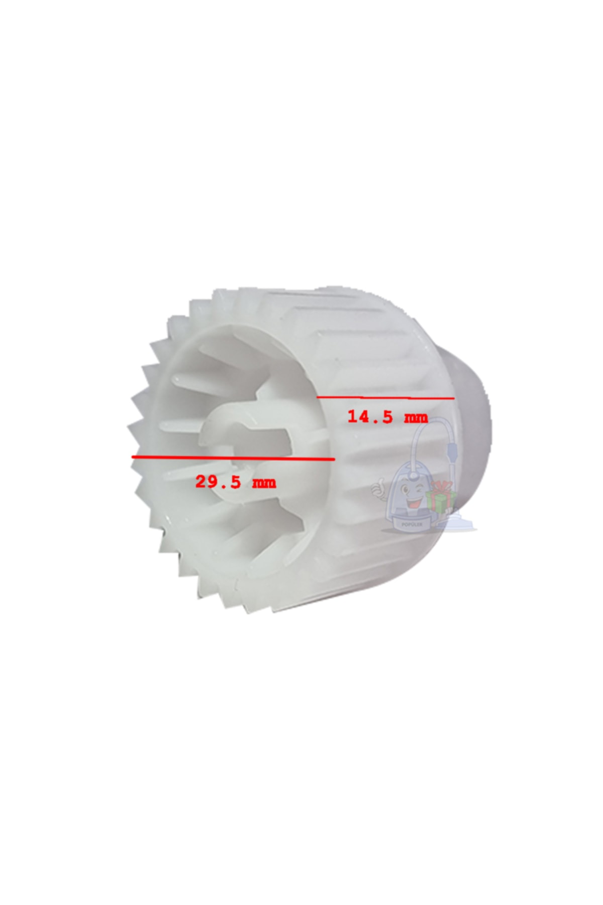 14,5 mm ve 29,5 mm boyutlarında beyaz bir dişli.