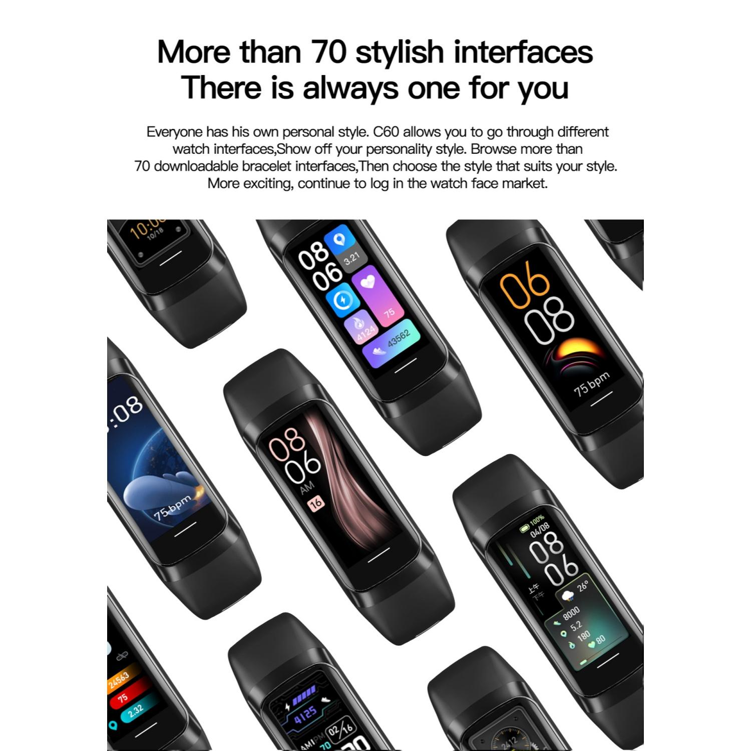 Mehrere schwarze Smartwatches mit bunten Zifferblättern, die verschiedene Informationen anzeigen.