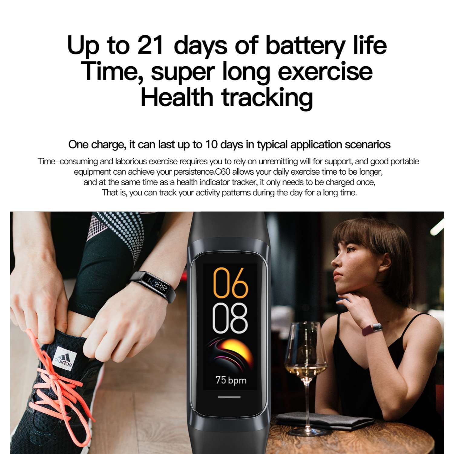 Eine Frau schnürt einen Schuh, ein Fitnessarmband zeigt 06:08 und 75 bpm an.