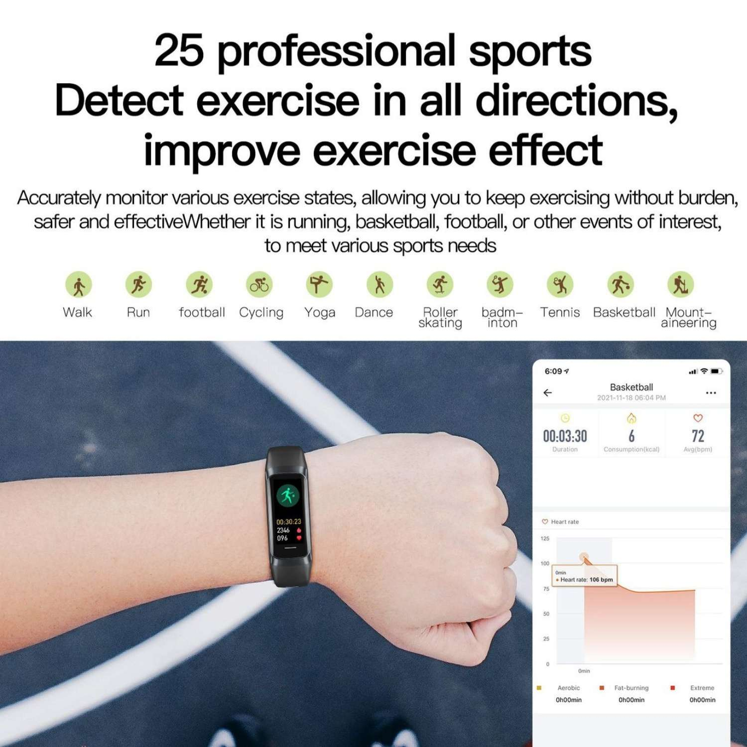 Eine Hand trägt eine schwarze Smartwatch, die einen Trainingsbildschirm mit Herzfrequenzdaten anzeigt.