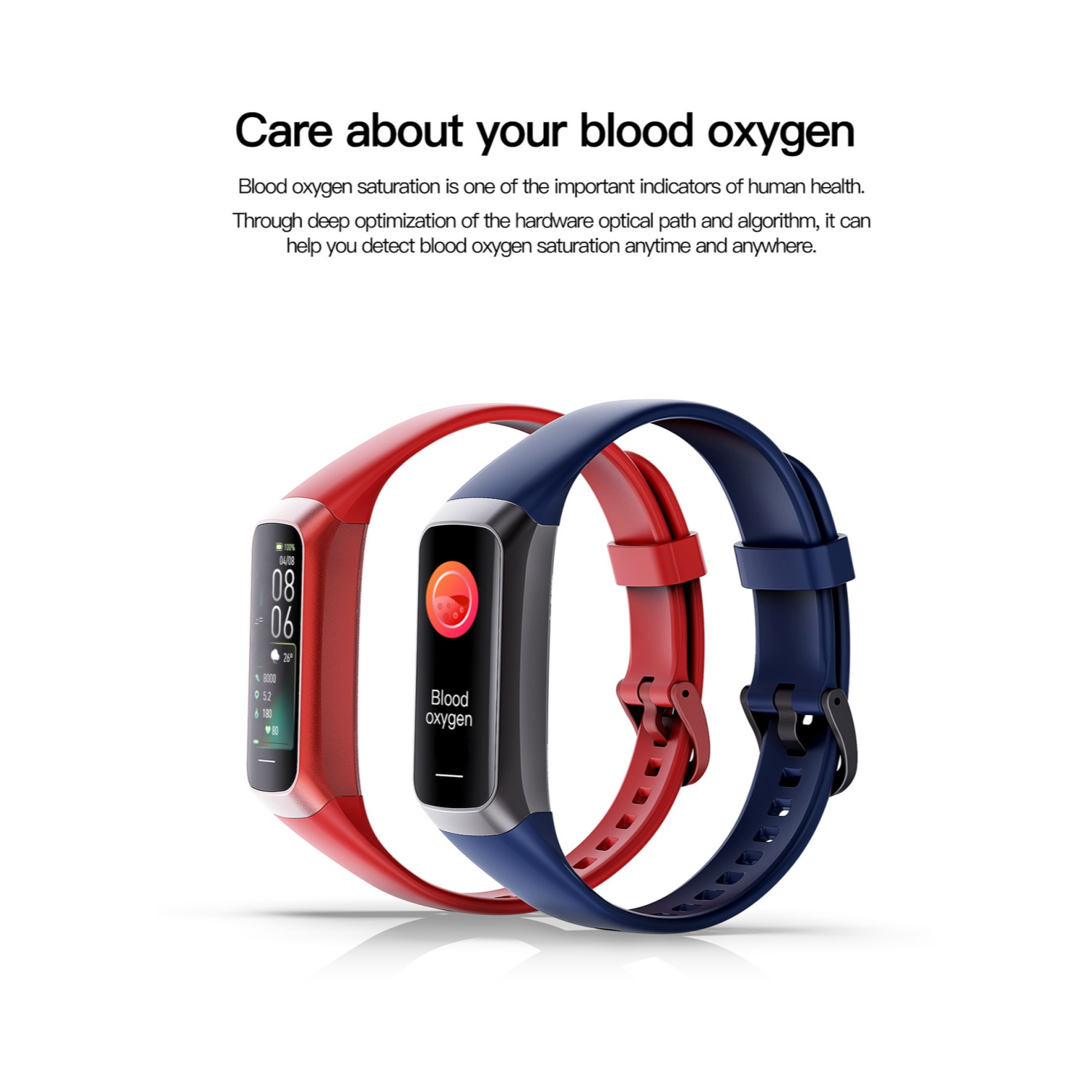 Zwei Fitness-Tracker, einer rot, einer blau, mit Blut-Sauerstoffanzeige.