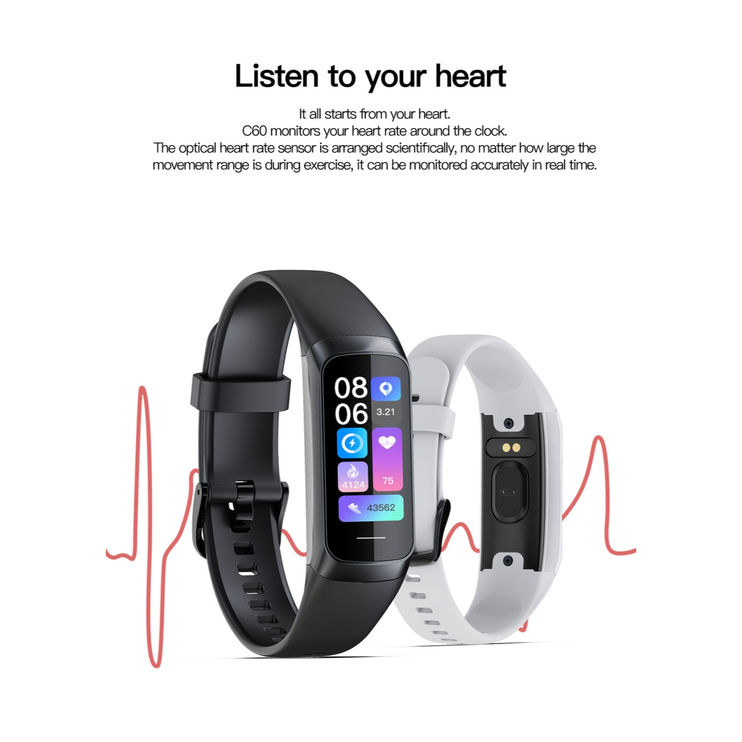 Zwei Fitness-Tracker: schwarz und weiß, mit Herzfrequenz-Diagramm.
