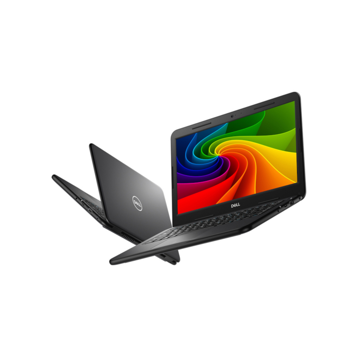 Zwei schwarze Dell-Laptops schweben nebeneinander, einer offen mit buntem Bildschirm.