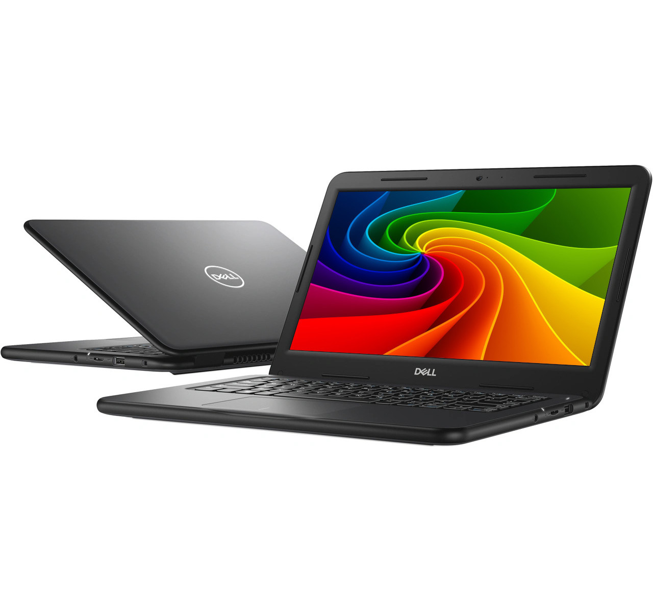 Zwei schwarze Dell Laptops, einer mit farbigem Hintergrundbild, der andere geschlossen.