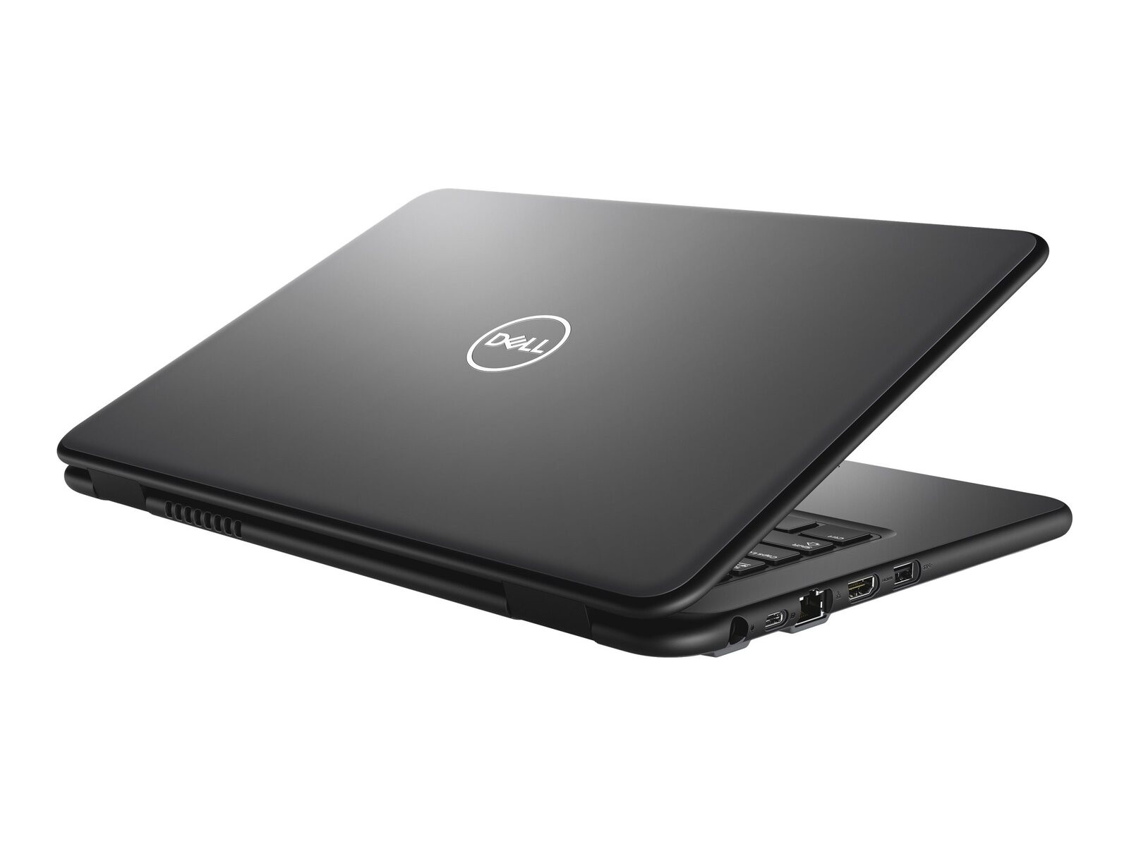Schwarzer Dell Laptop mit geöffnetem Deckel, Seitenansicht mit Anschlüssen.
