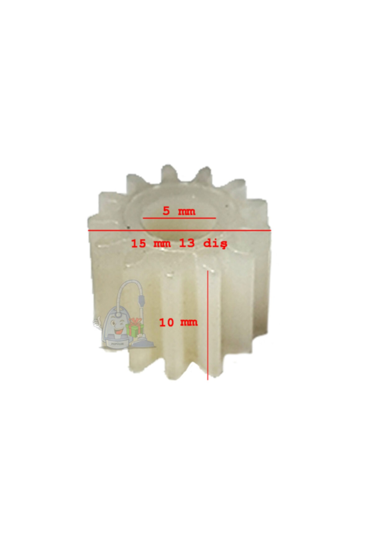 5 mm, 15 mm ve 10 mm boyutlarında beyaz bir dişli.
