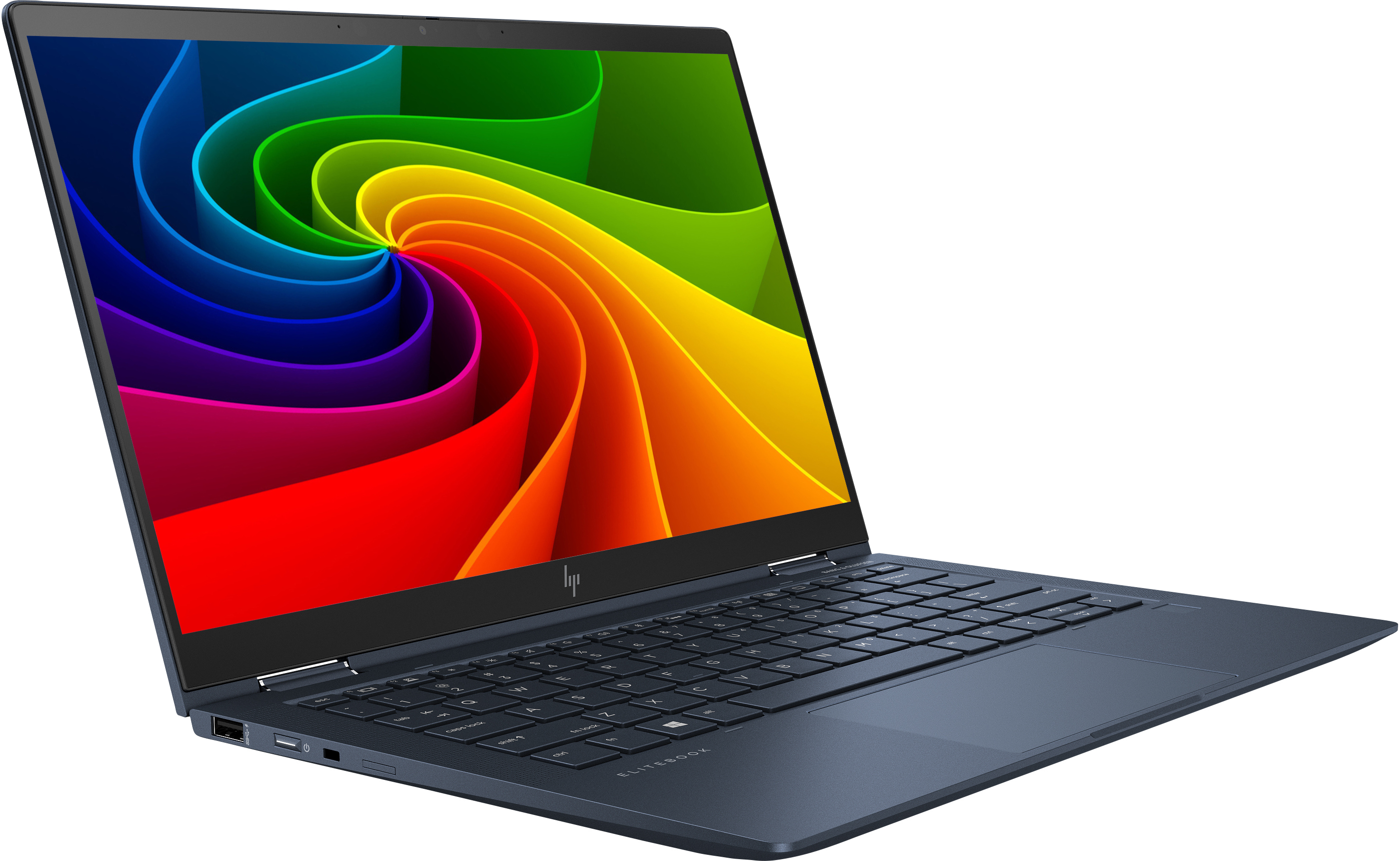 Ein geöffneter blauer Laptop mit einem bunten Hintergrundbild auf dem Bildschirm.