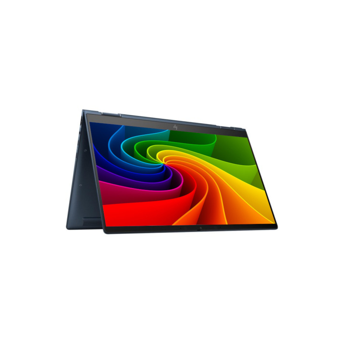 Ein geöffneter Laptop mit einem bunten Wirbel auf dem Bildschirm.
