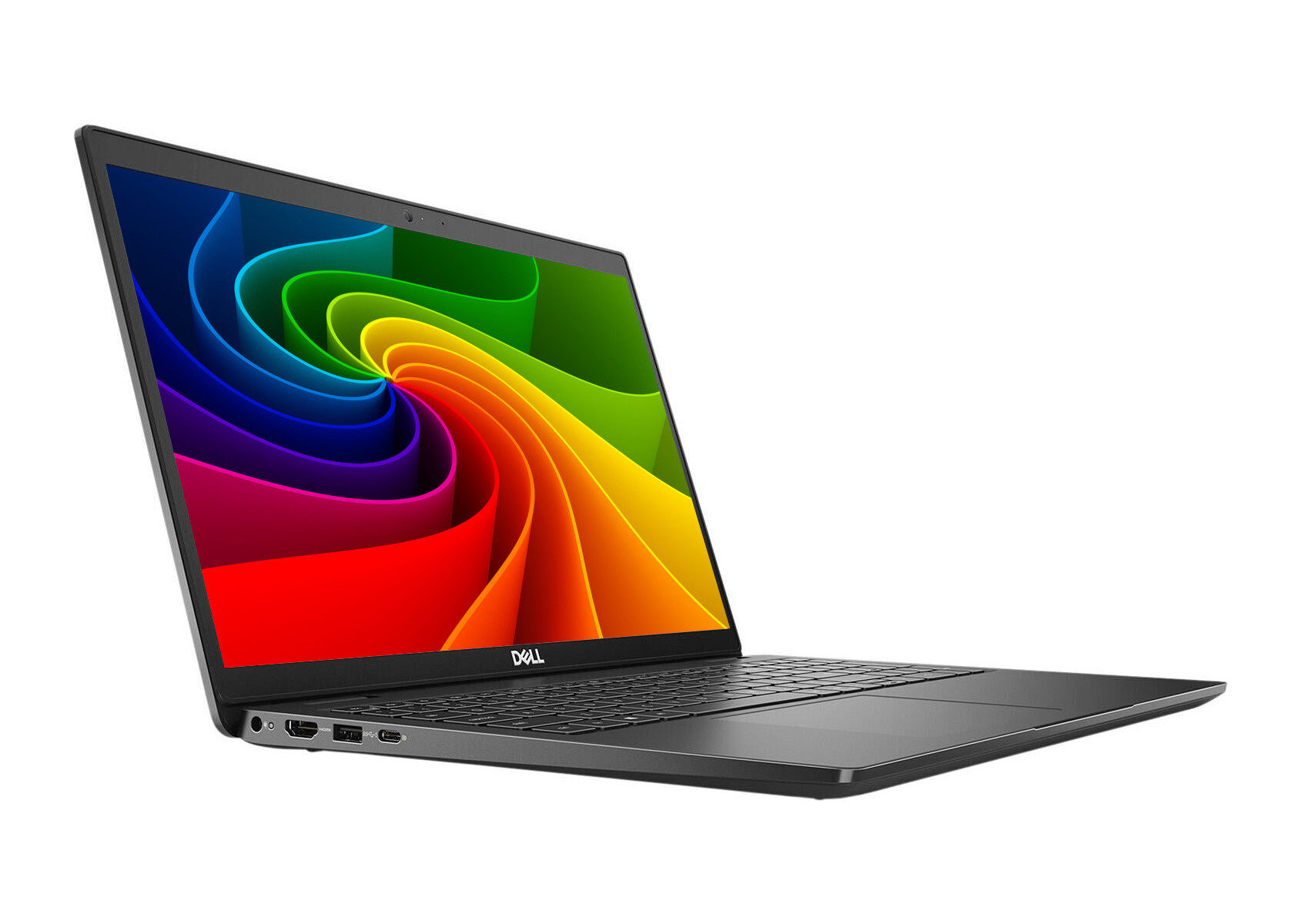 Ein schwarzer Dell Laptop mit einem bunten Wirbelmuster auf dem Bildschirm.